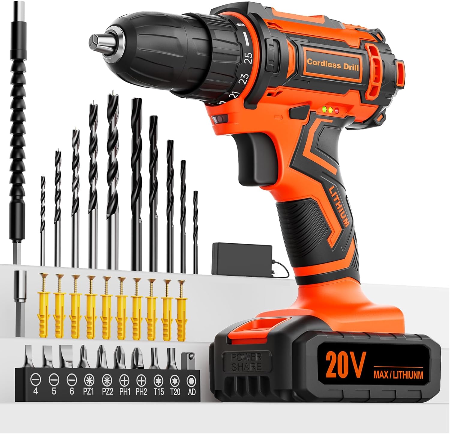 Acmaker Cordless Drill, 20V Drill Set with 42 Accessories, Electric Screwdriver, Electric Power Drill Driver, 42Nm Battery Drill, 2.0Ah Battery, 25+1 Torque, 2 Speed, LED Light, Combi Drills for DIY