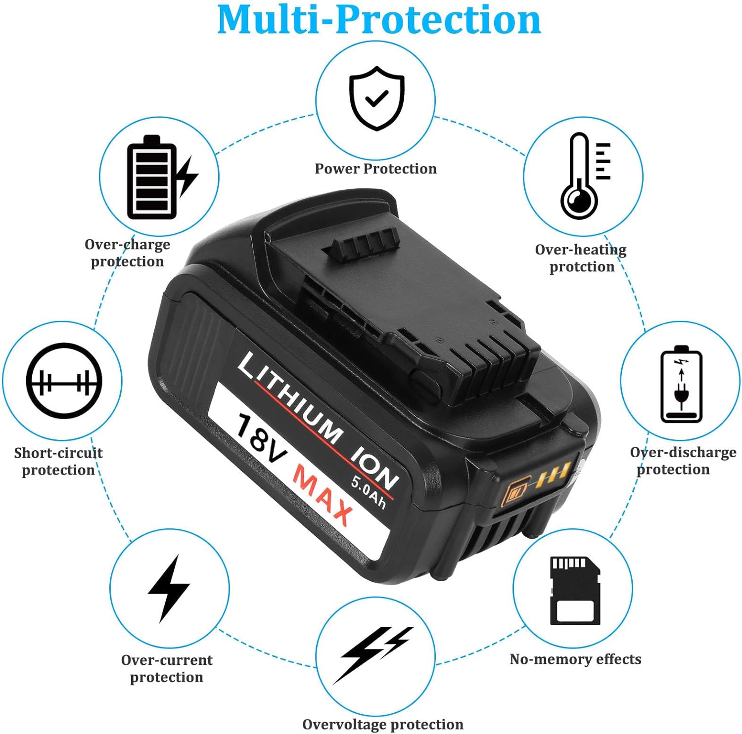 AKKOPOWER 5.0Ah DCB184 Replacement Battery 18V XR Replace Battery for Dewalt 18V Battery Lithium Compatible with Dewalt DCB200 DCB184 DCB180 DCB182 DCB181 DCB181-XJ Battery with LED Indicator