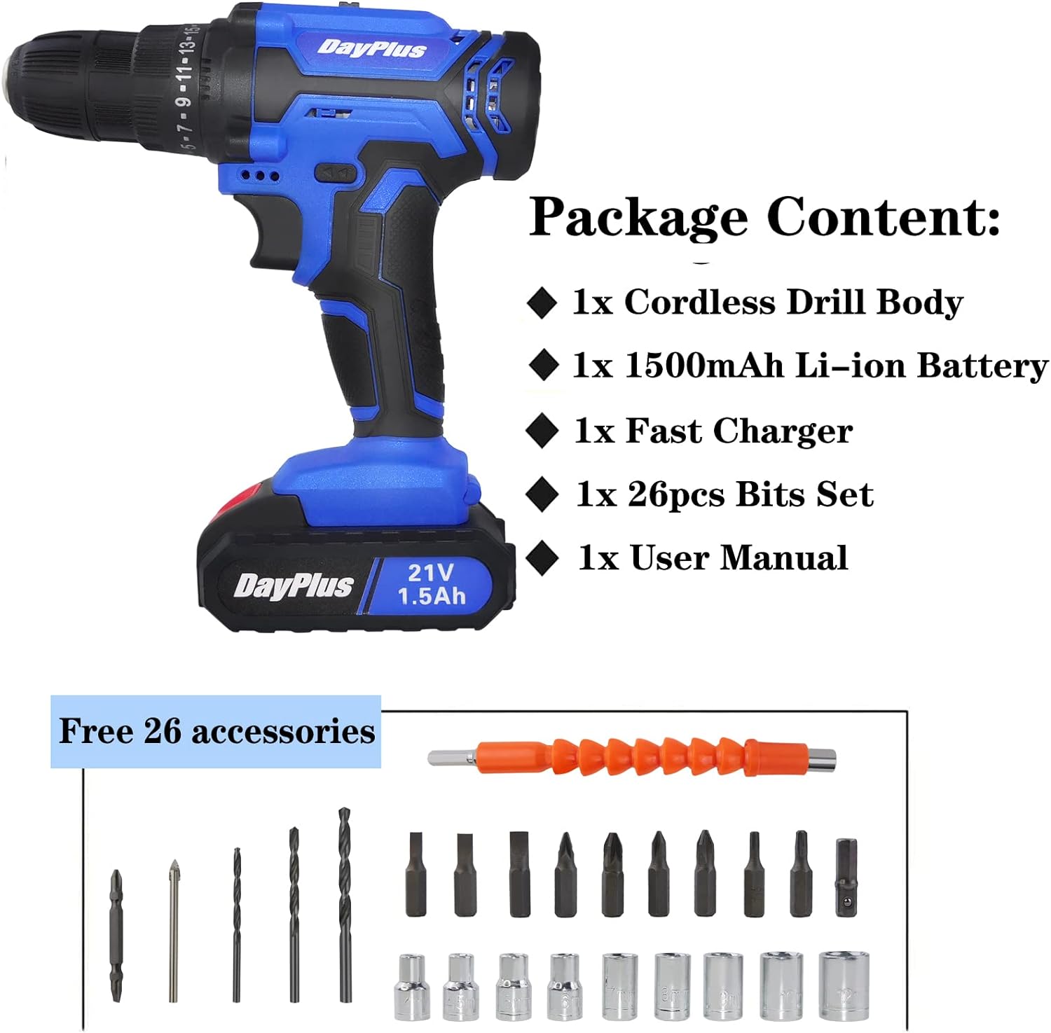 Battery Powered Drill Cordless Handheld Drill, 21V Combi Drill Power Drill Driver for Drilling Metal/Wall/Wood, 1500mAh, 45Nm, 25+1 Torque Setting, 2 Speed, LED Light [Energy Class A+++]