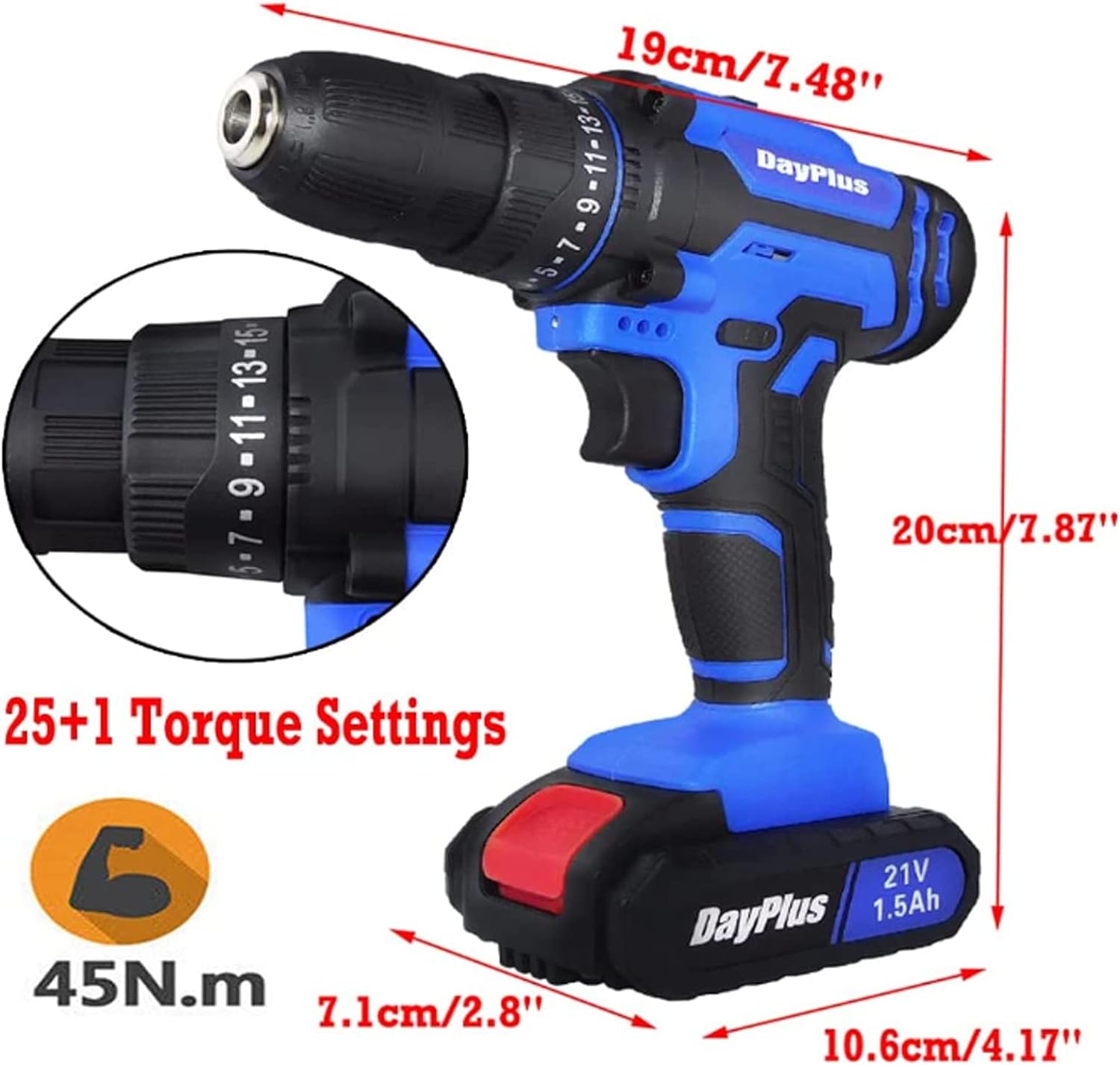 Battery Powered Drill Cordless Handheld Drill, 21V Combi Drill Power Drill Driver for Drilling Metal/Wall/Wood, 1500mAh, 45Nm, 25+1 Torque Setting, 2 Speed, LED Light [Energy Class A+++]