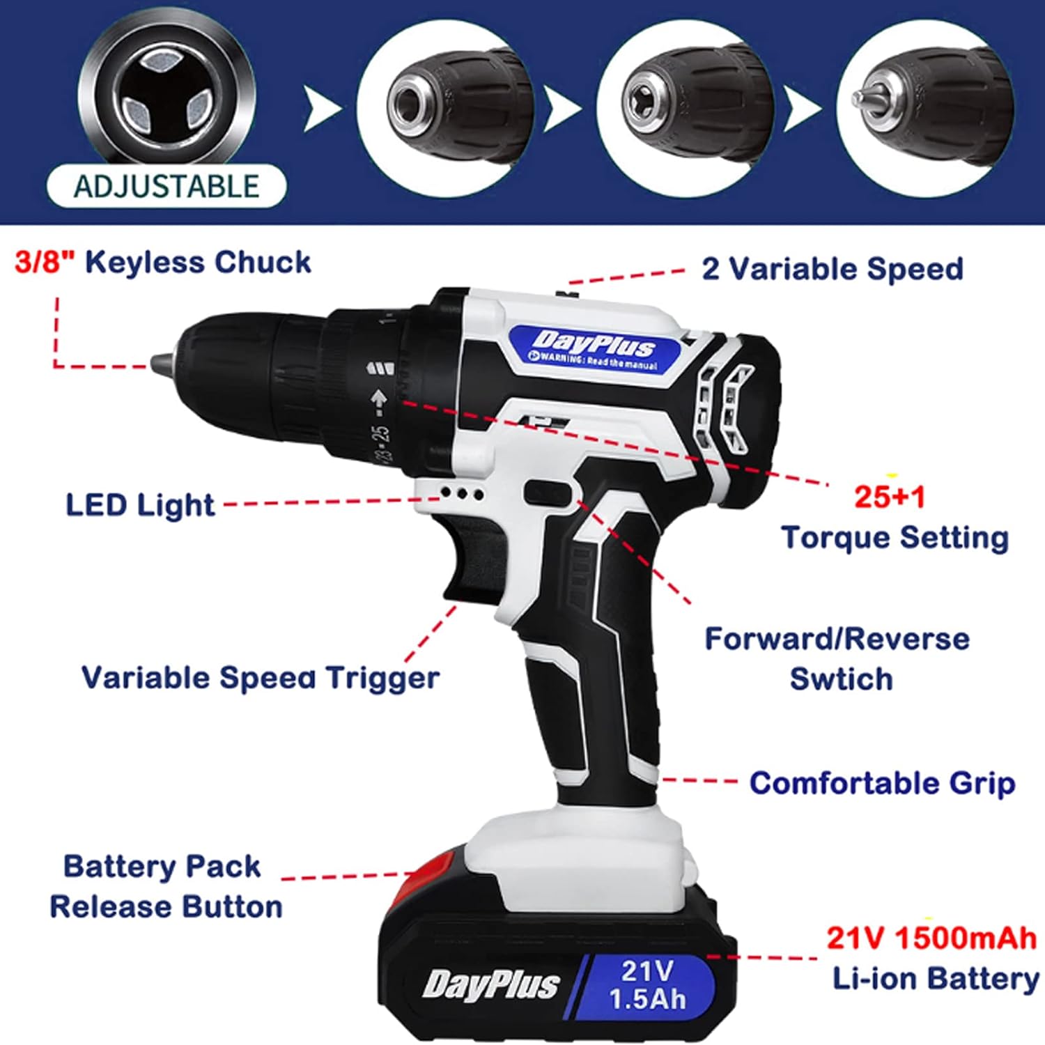 Battery Powered Drill Cordless Handheld Drill, 21V Combi Drill Power Drill Driver for Drilling Metal/Wall/Wood, 1500mAh, 45Nm, 25+1 Torque Setting, 2 Speed, LED Light [Energy Class A+++]