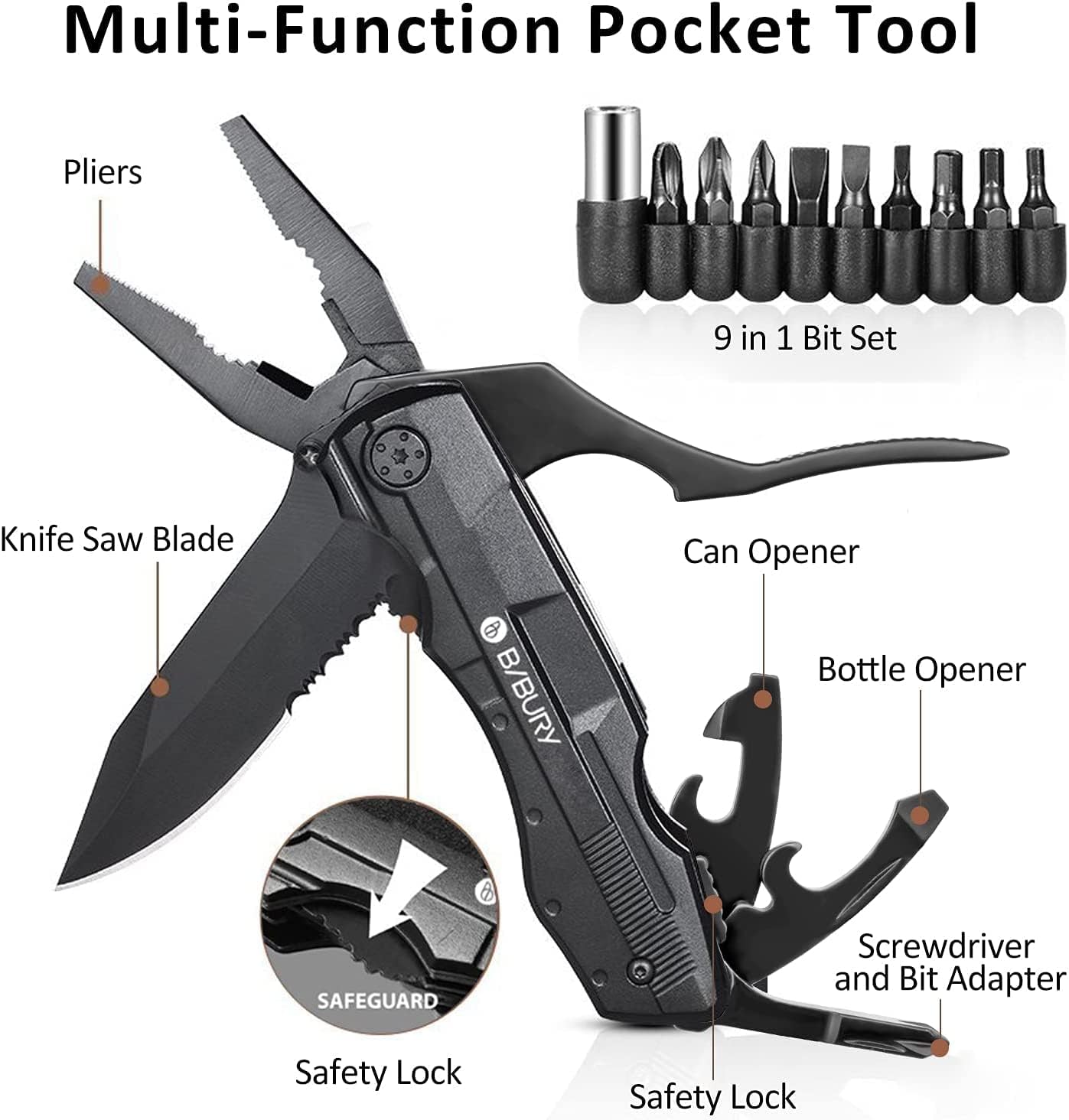 BIBURY 5 in 1 Multitools, Foldable Pliers Multitool Stainless Steel Multi Tool, Multi-Purpose with Nylon Pouch Ideal Pocket Tool for Camping, DIY Activities, Fishing - Gift Men