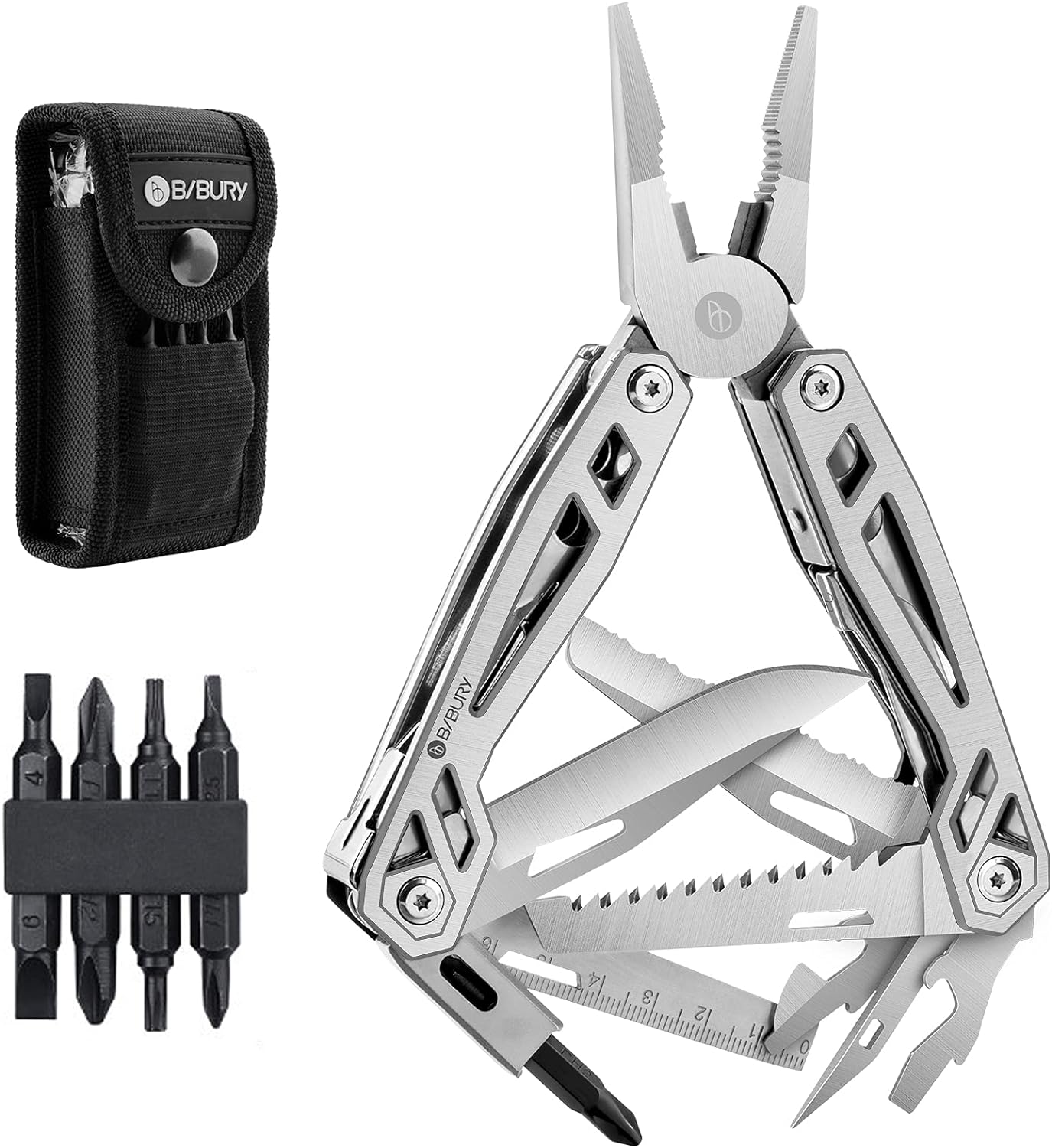 BIBURY Multi-Tool, 21 in 1 Multitools Pliers with Rope Cutter, Can Opener, Screwdriver, EDC Tools for Camping, Outdoor Activities, Repairing (Shiny)