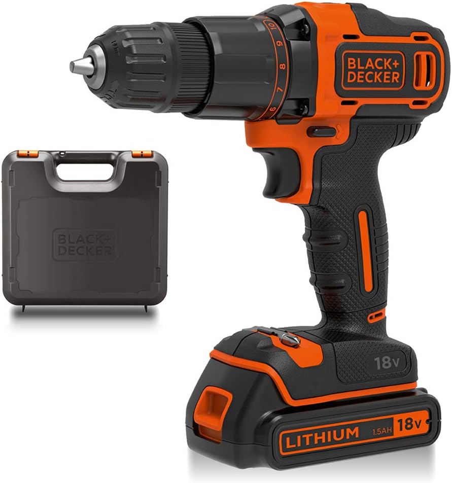 BLACK+DECKER 18 V Cordless 2-Gear Combi Hammer Drill Power Tool with Kitbox, 1.5 Ah Lithium-Ion, BCD700S1K-GB with Black + Decker A7188 Drill and Screwdriver Bit Set 50-Piece