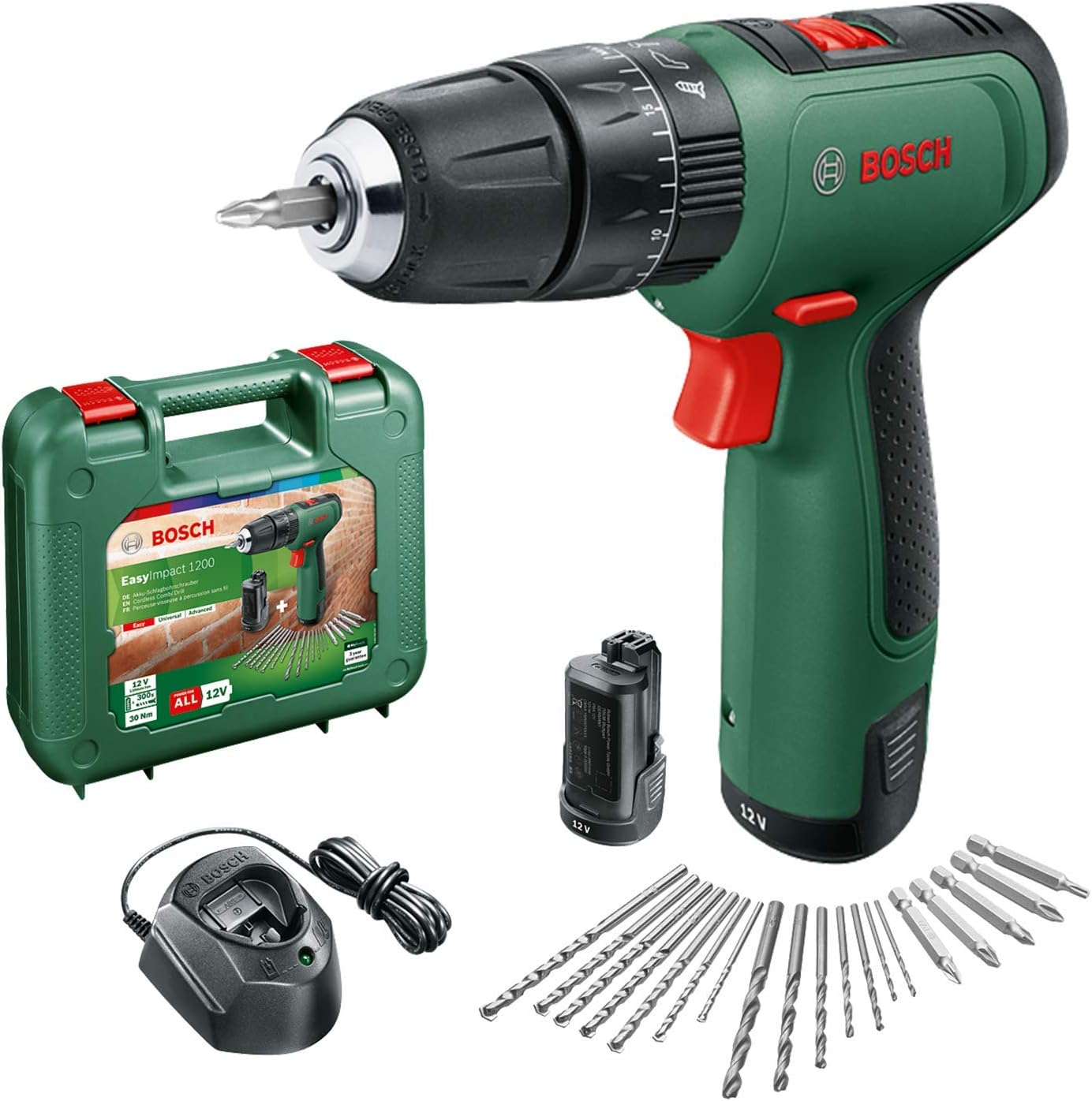 Bosch Cordless Combi Drill EasyImpact 1200 (2x Batteries, 12 Volt System, 19 Accessories, in Carrying Case)