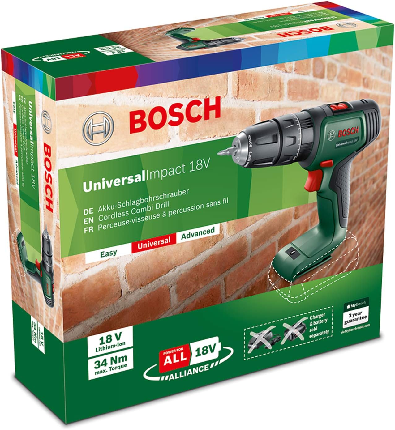 Bosch Home and Garden Cordless Combi Drill UniversalImpact 18V, 20 torque settings, max. torque 34 Nm, 2-speed gearbox (2 x 18 volt batteries, in carrying case)