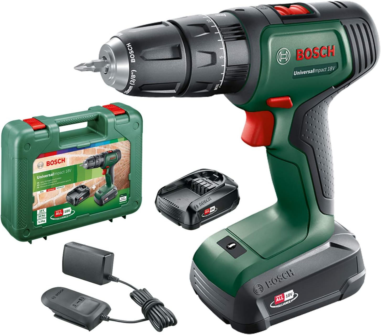 Bosch Home and Garden Cordless Combi Drill UniversalImpact 18V, 20 torque settings, max. torque 34 Nm, 2-speed gearbox (2 x 18 volt batteries, in carrying case)