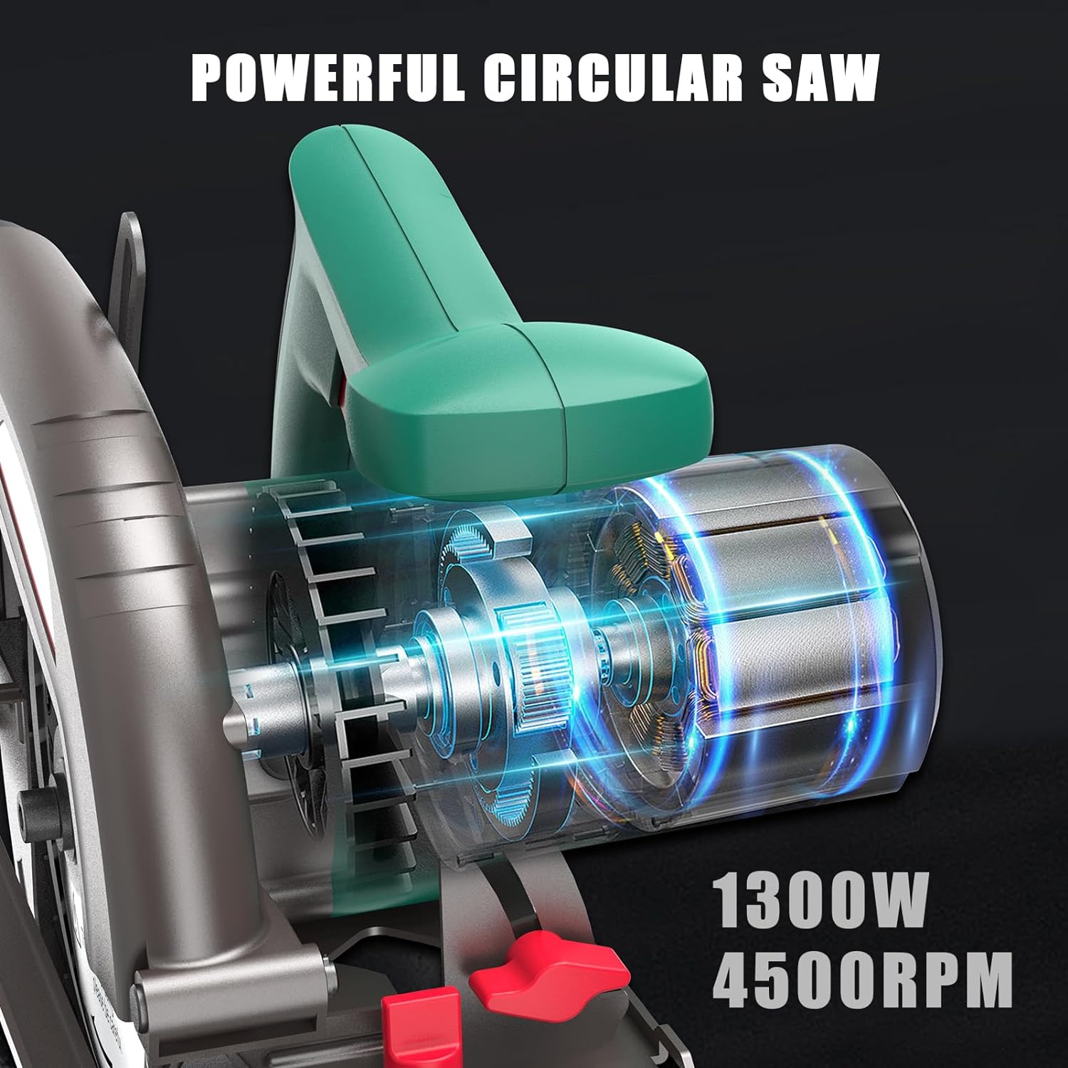 Circular Saw, 1300W HYCHIKA Electric Saw 4500RPM, High Power Motor, 24T Blade(185mm), Cutting Depth 65mm (90º), 45mm (45º), Safety Switch, Dust Extraction, for Wood/Plastic Cutting