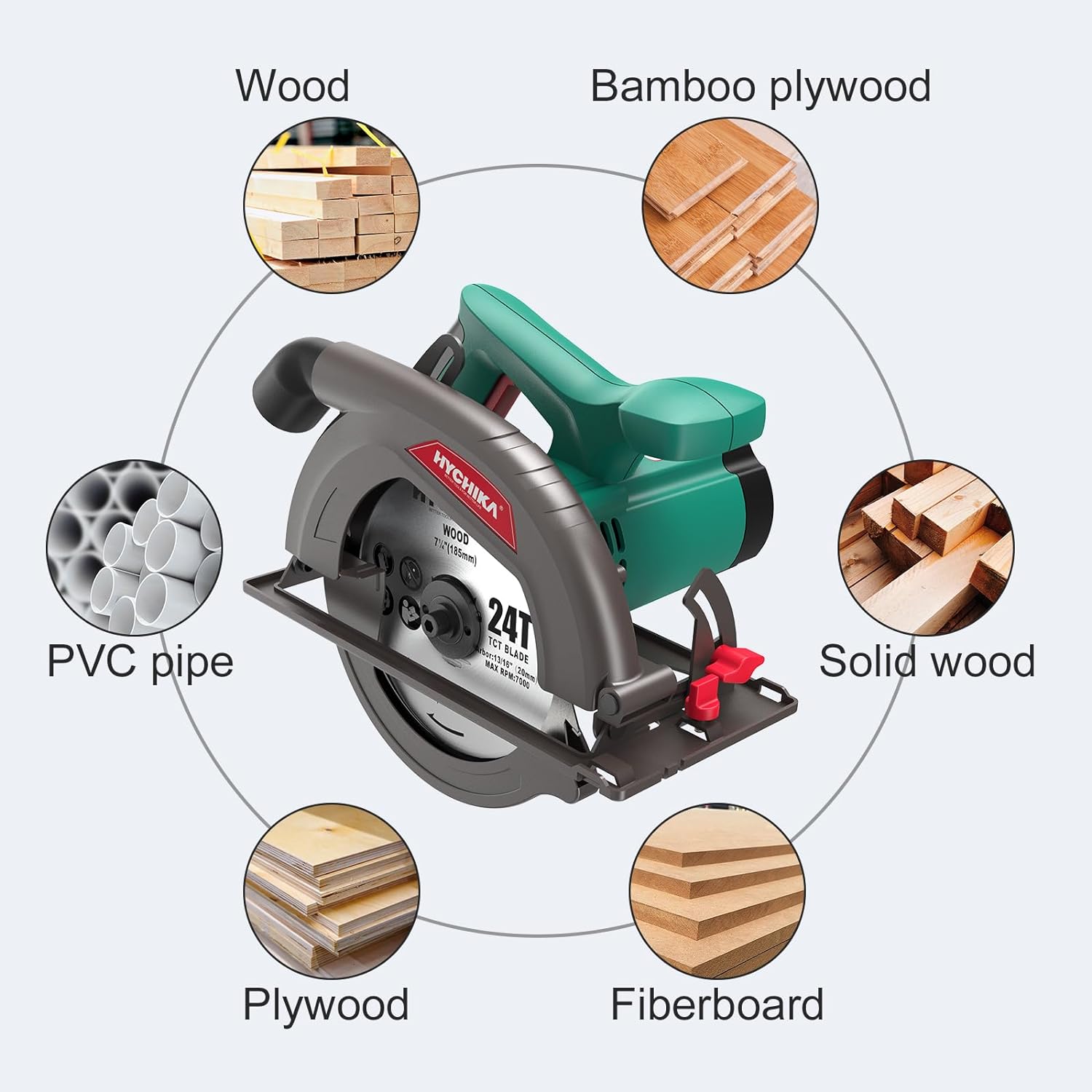 Circular Saw, 1300W HYCHIKA Electric Saw 4500RPM, High Power Motor, 24T Blade(185mm), Cutting Depth 65mm (90º), 45mm (45º), Safety Switch, Dust Extraction, for Wood/Plastic Cutting