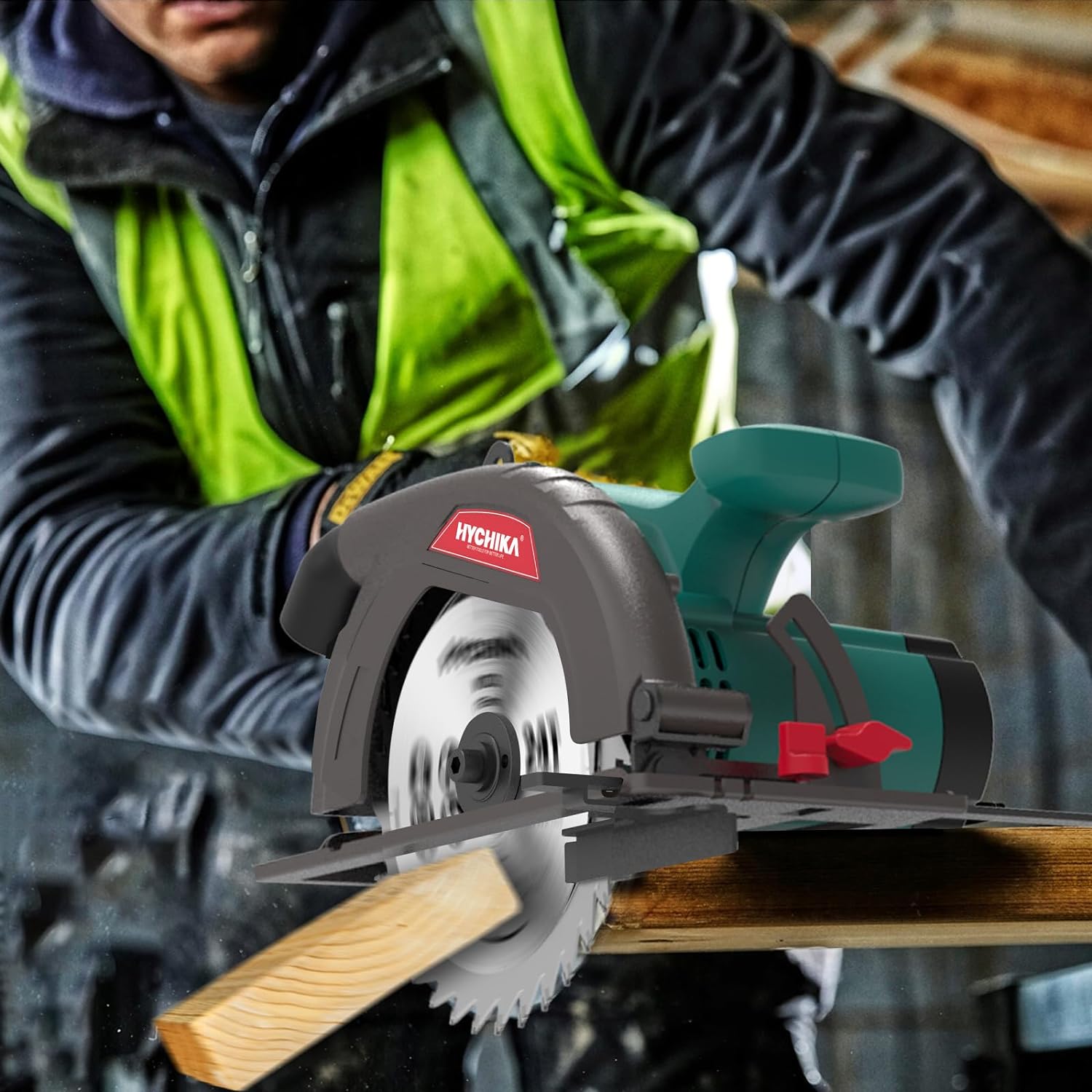 Circular Saw, 1300W HYCHIKA Electric Saw 4500RPM, High Power Motor, 24T Blade(185mm), Cutting Depth 65mm (90º), 45mm (45º), Safety Switch, Dust Extraction, for Wood/Plastic Cutting