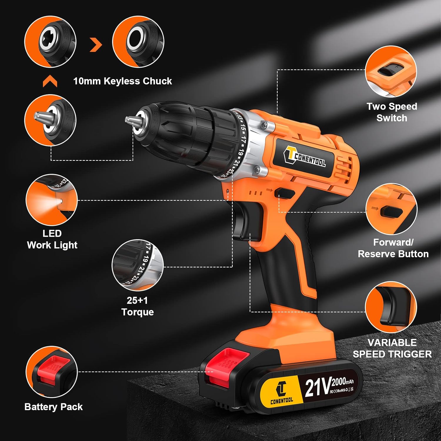 Conentool 21V Cordless Drill with 2 * 2000mAh Batteries, 45N.m Electric Drill, 0-650/0-1850rpm 2 Speed Combi Drills, 25+1 Torque Setting Power Drill, 36pcs Accessories Electric Screwdriver Set, Orange