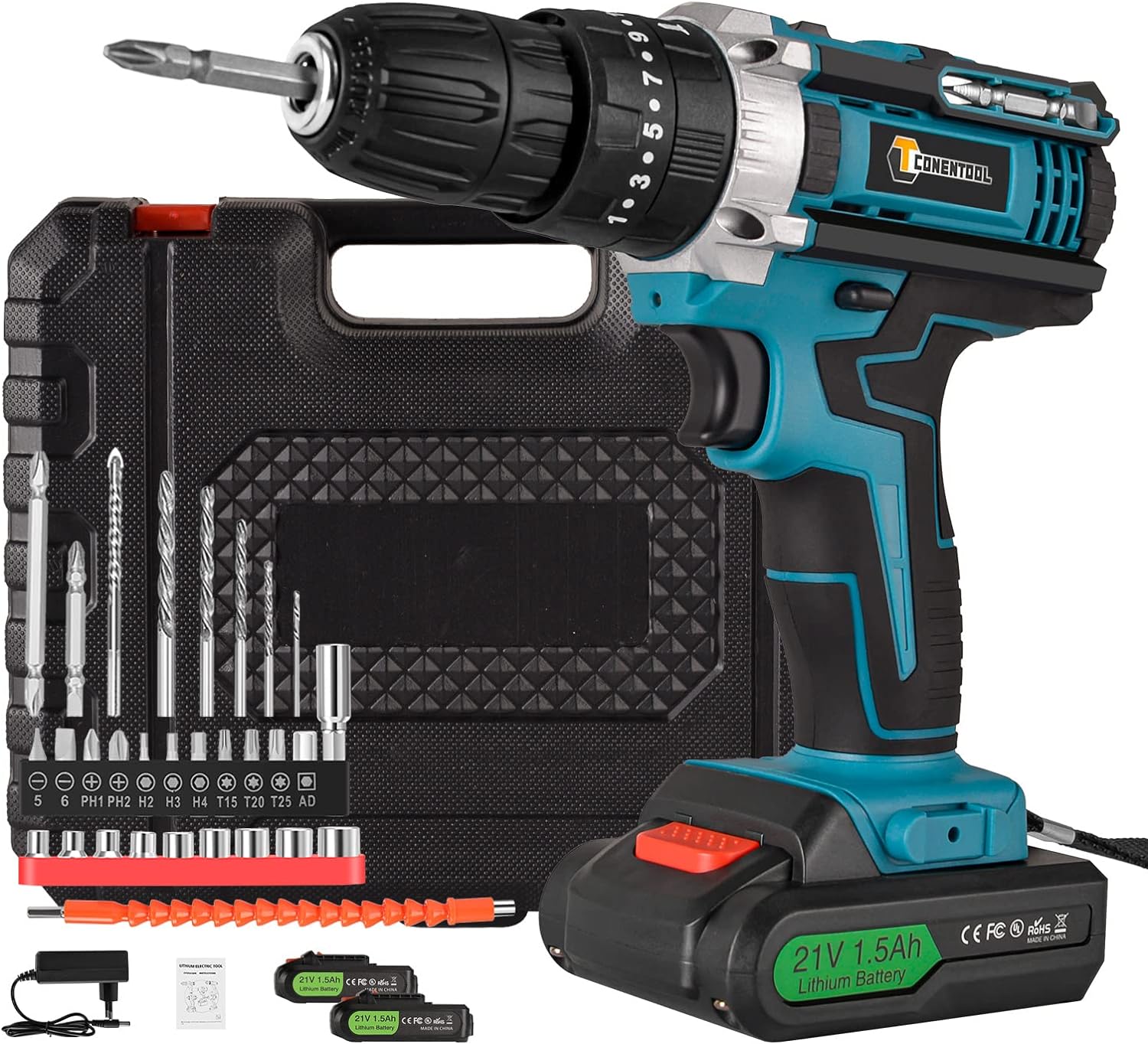 Conentool 3 in 1 Cordless Combi Drill, 21V 2 Speed Electric Screwdriver, 25+3 Torque Setting LED Work Light Impact Drill Driver Set with Accessory Kit and 2 Li-Ion Batteries