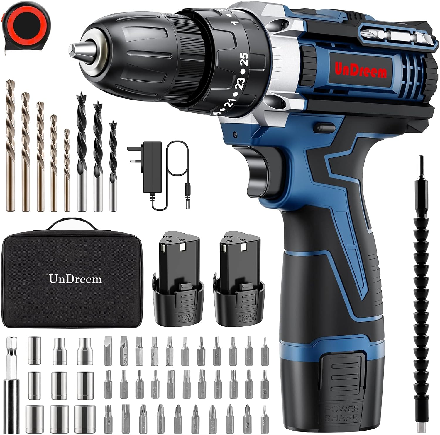 Cordless Drills,12V Power Impact Driver, Combi Drill Kit with Li-Ion Battery, Electric Screwdriver, 25+3 Torque, 10mm Collet, Double Speed, Led Light, 58 Pieces Accessory Set