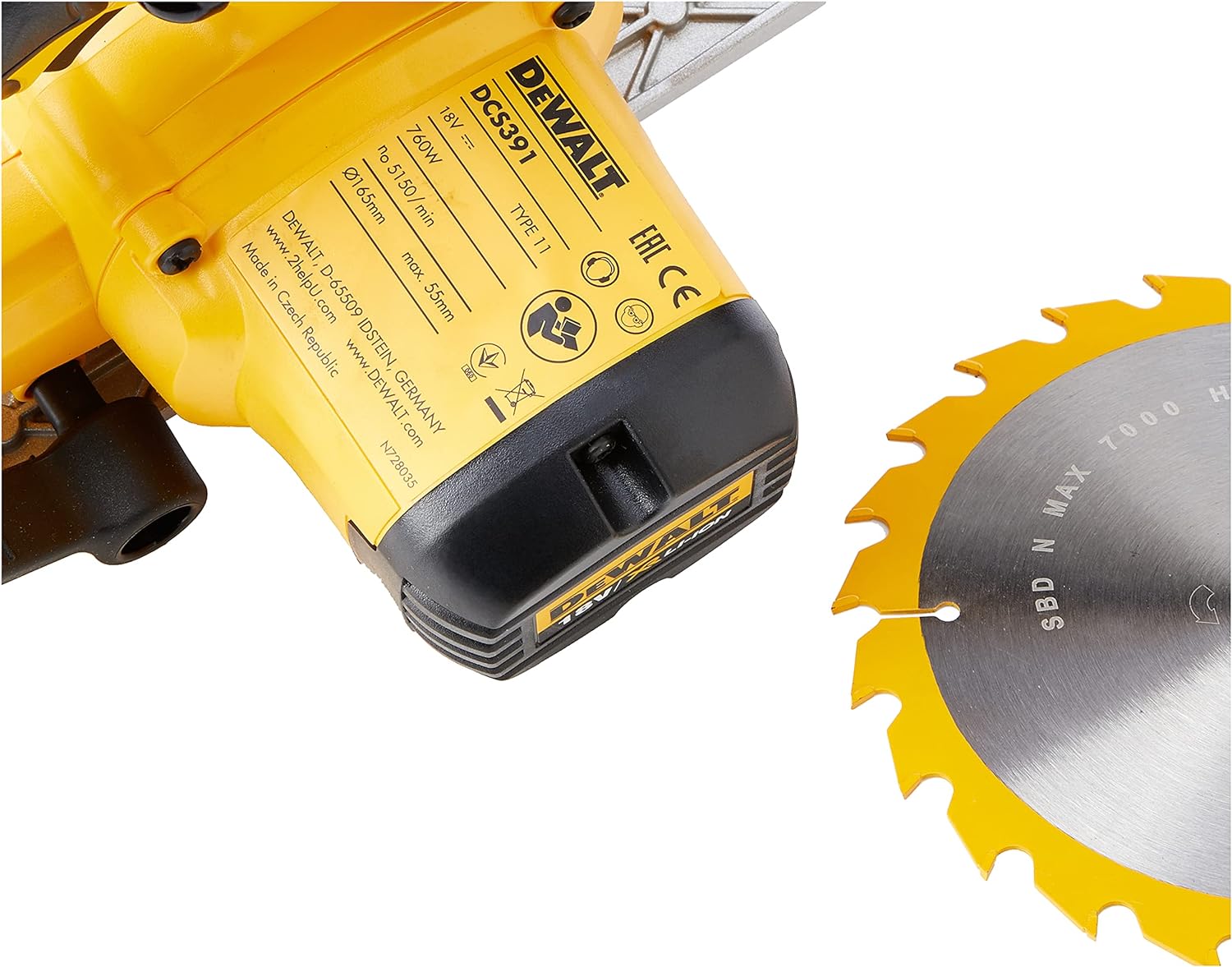 DEWALT DCS391N-XJ XR 165 mm Circular Saw-Bare Unit, 9 W, 18 V, Yellow/Black