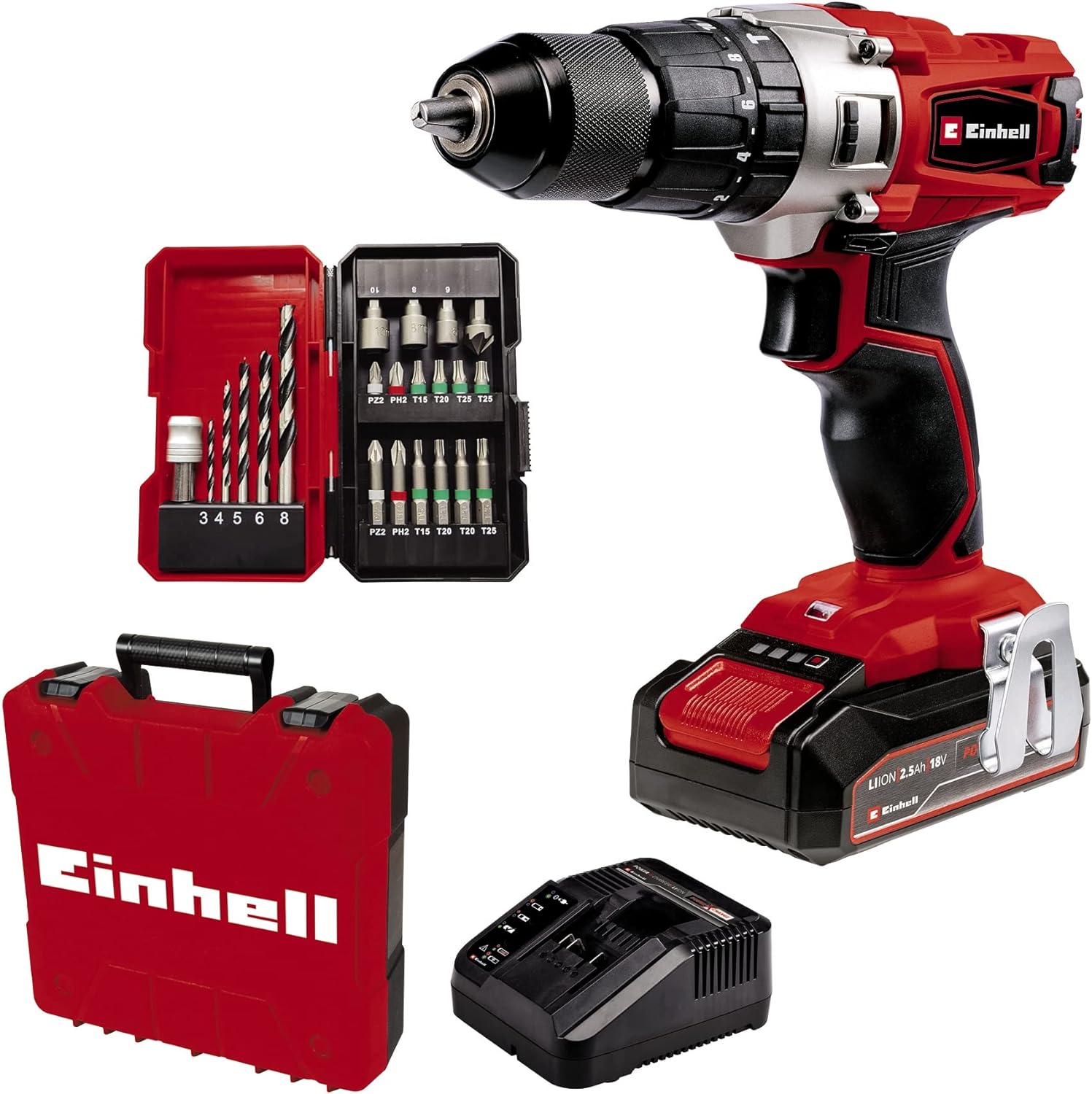 Einhell Power X-Change 18V, 44Nm Cordless Combi Drill | 3-in-1 Brushless Drill, Impact Drill and Screwdriver | TE-CD 18/2 Li-i +22 pc Kit With 2.5Ah Battery, Fast Charger And Storage Case