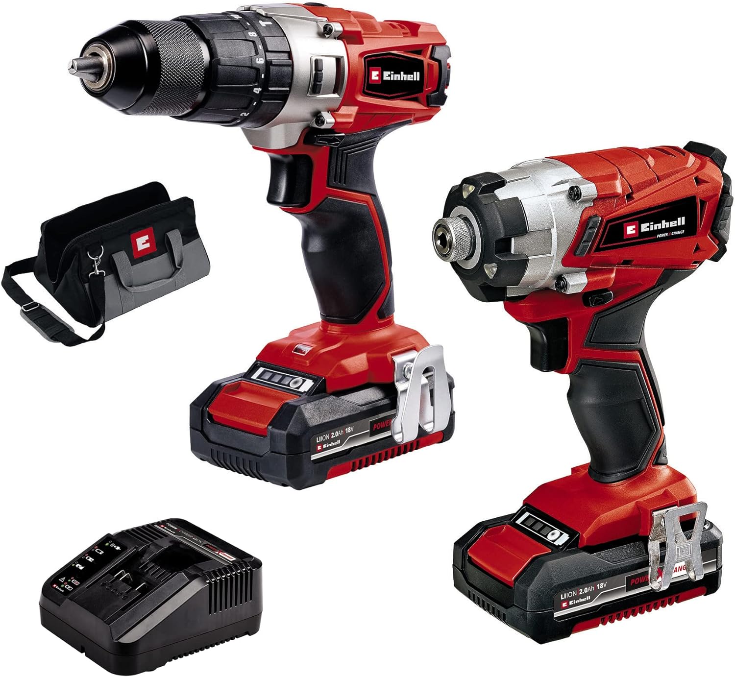 Einhell Power X-Change 18V Cordless Drill And Impact Driver Set With 2 x Batteries, Charger And Storage Bag - TE-CD 18/44 Li-i + TE-CI 18/1 Li Brushless Combi Drills And Driver Sets Cordless