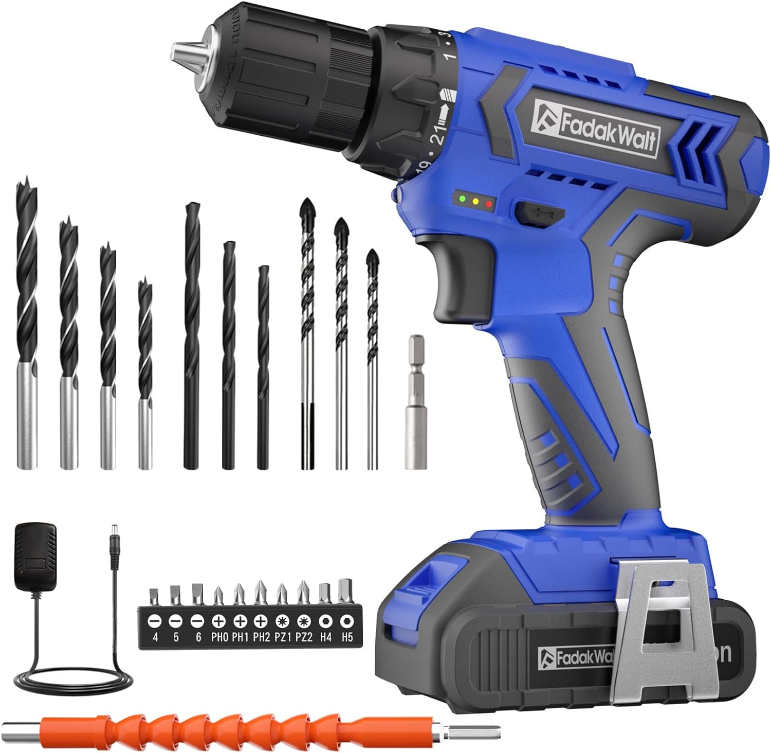 FADAKWALT Power Cordless Drill Driver, 20V Cordless Drill and Screwdriver Set, Electric Combi Drill Kit 21+1 Torque, DIY Accessory Set, 2 Variable Speeds, Suitable for Wood, Metal