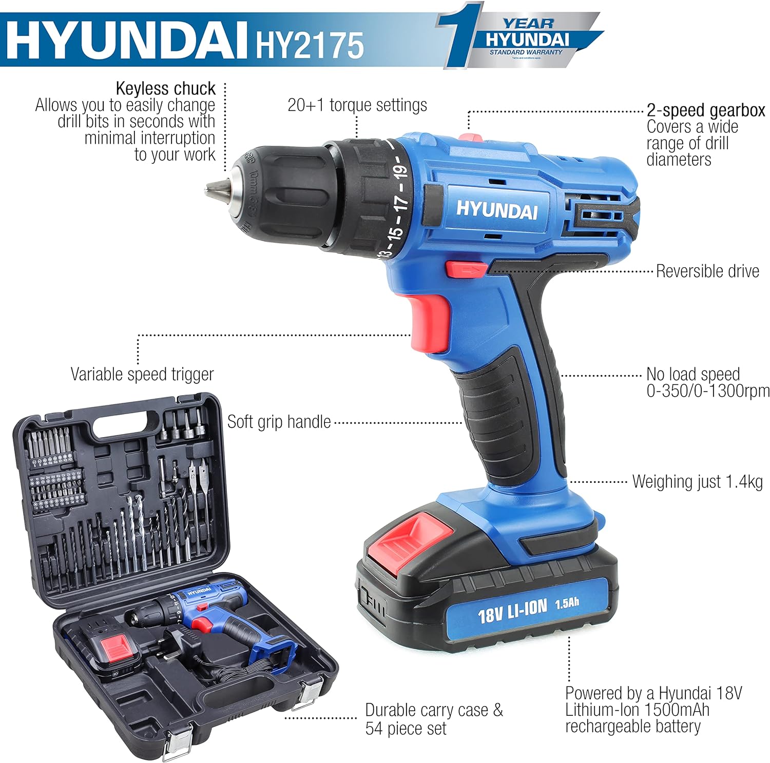 Hyundai Cordless Drill Driver, 18v Li-ion Combi Drill, 54 Pieces Drill Set with Carry Case, Battery Charger, 2-Speed, 20+1 Torque Settings 1 Year Warranty