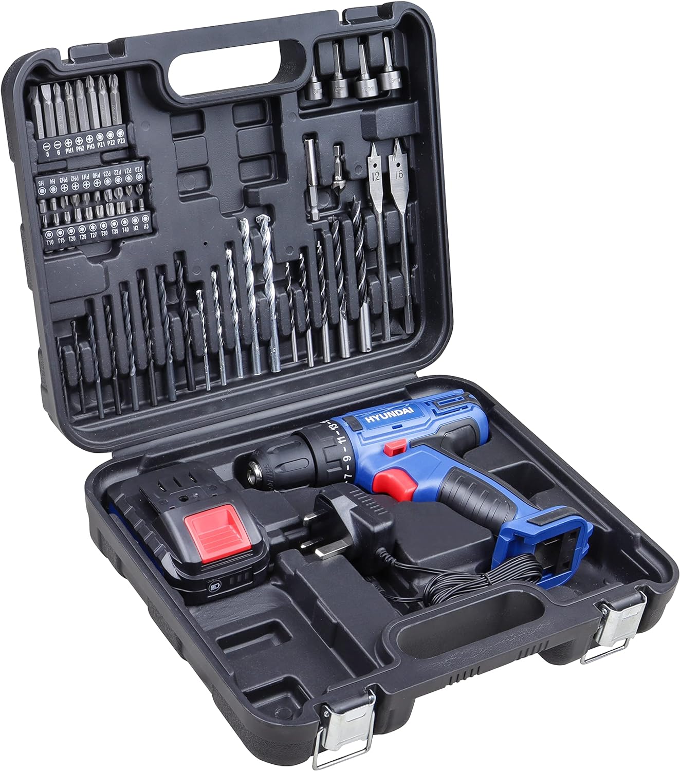 Hyundai Cordless Drill Driver, 18v Li-ion Combi Drill, 54 Pieces Drill Set with Carry Case, Battery Charger, 2-Speed, 20+1 Torque Settings 1 Year Warranty