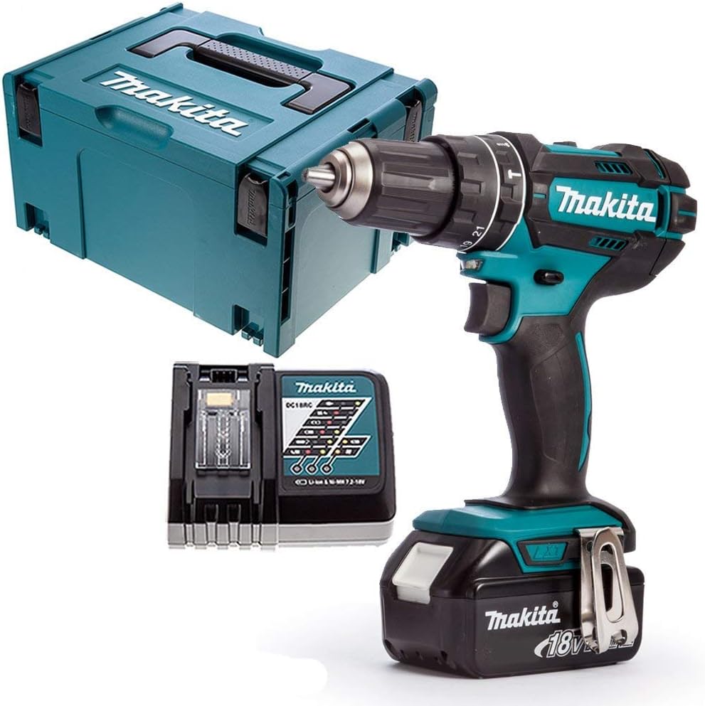 Makita DHP482Z LXT 18 V combi drill with 1 x 5.0 Ah battery, charger insert, 18 V