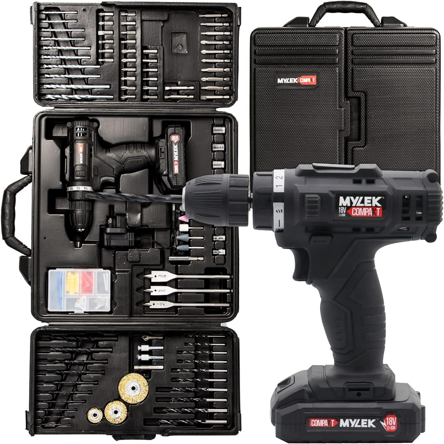 MYLEK MYBMC092 18V Cordless Drill Electric Driver Set, Lithium Ion Battery, 18 Volt Combi Screwdriver Pack, Black, 151 DIY Piece Accessory Kit and Carry Case