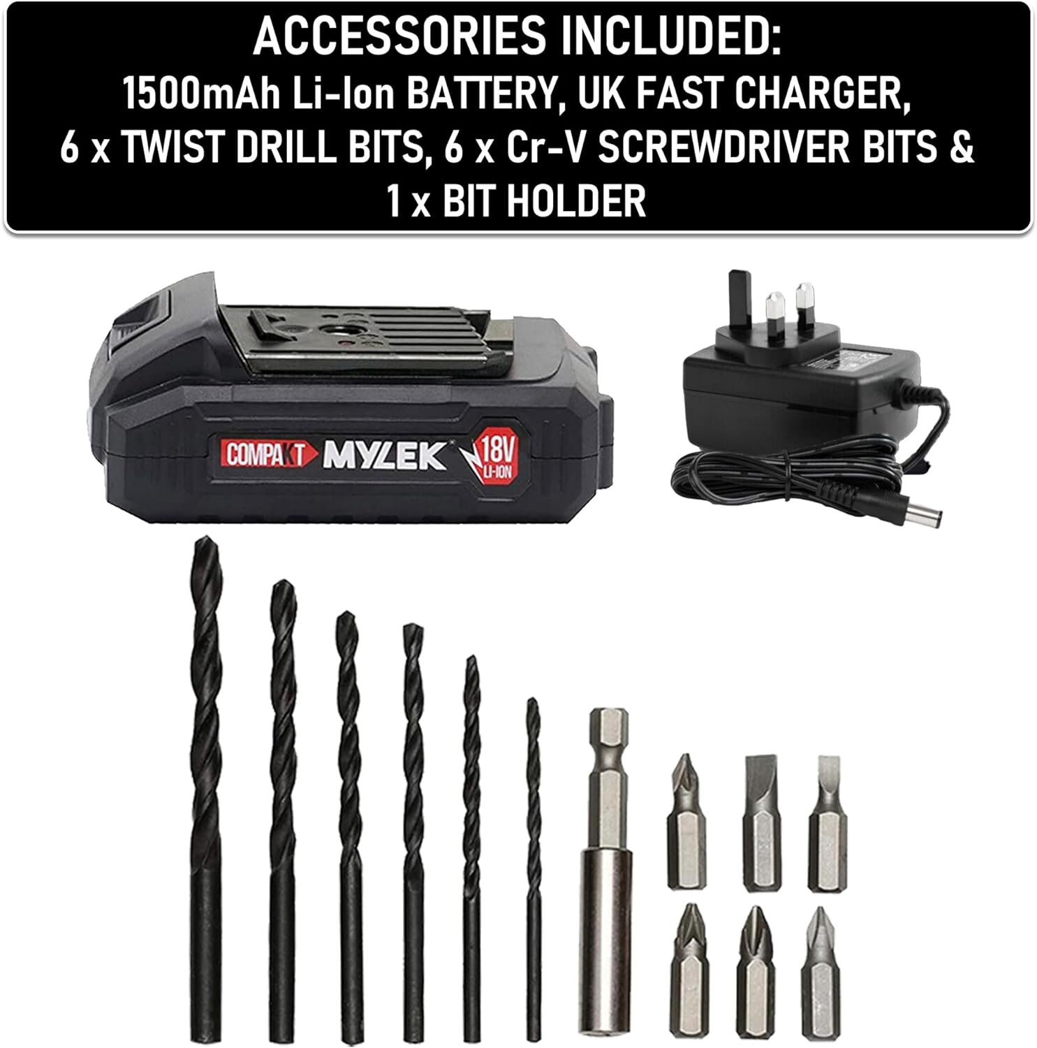 MYLEK MYW09 18V Cordless Drill Electric Screwdriver Set, Powerful Lithium Ion Battery Pack, 18 Volts Combi Driver, DIY Accessory Kit, Black