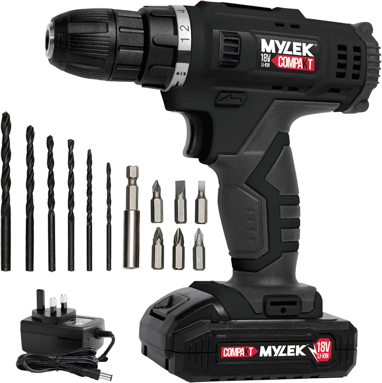 MYLEK MYW09 18V Cordless Drill Electric Screwdriver Set, Powerful Lithium Ion Battery Pack, 18 Volts Combi Driver, DIY Accessory Kit, Black