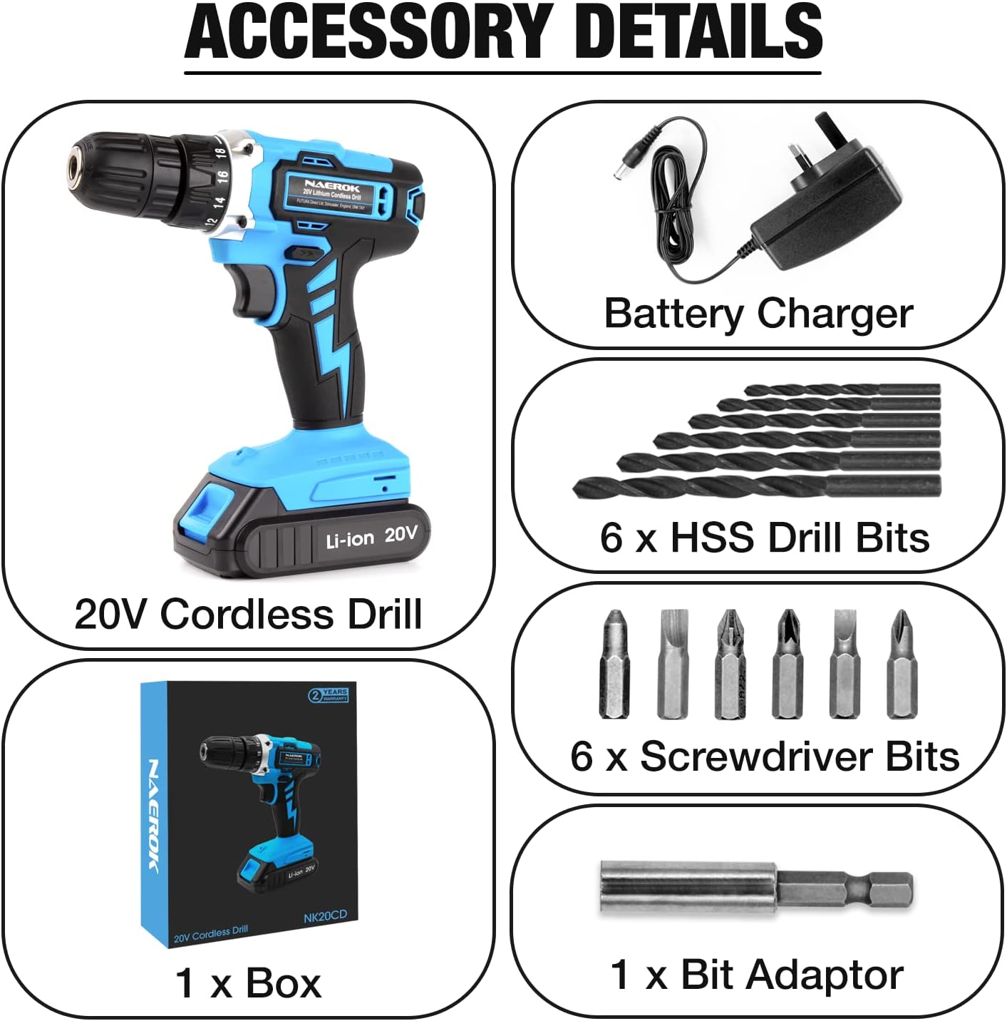 Naerok Cordless Drill 20V Li-Ion Battery 1 Hour Fast Charge, Electric Screwdriver, 13 Pc Accessory Kit, LED Work Light Charger Included