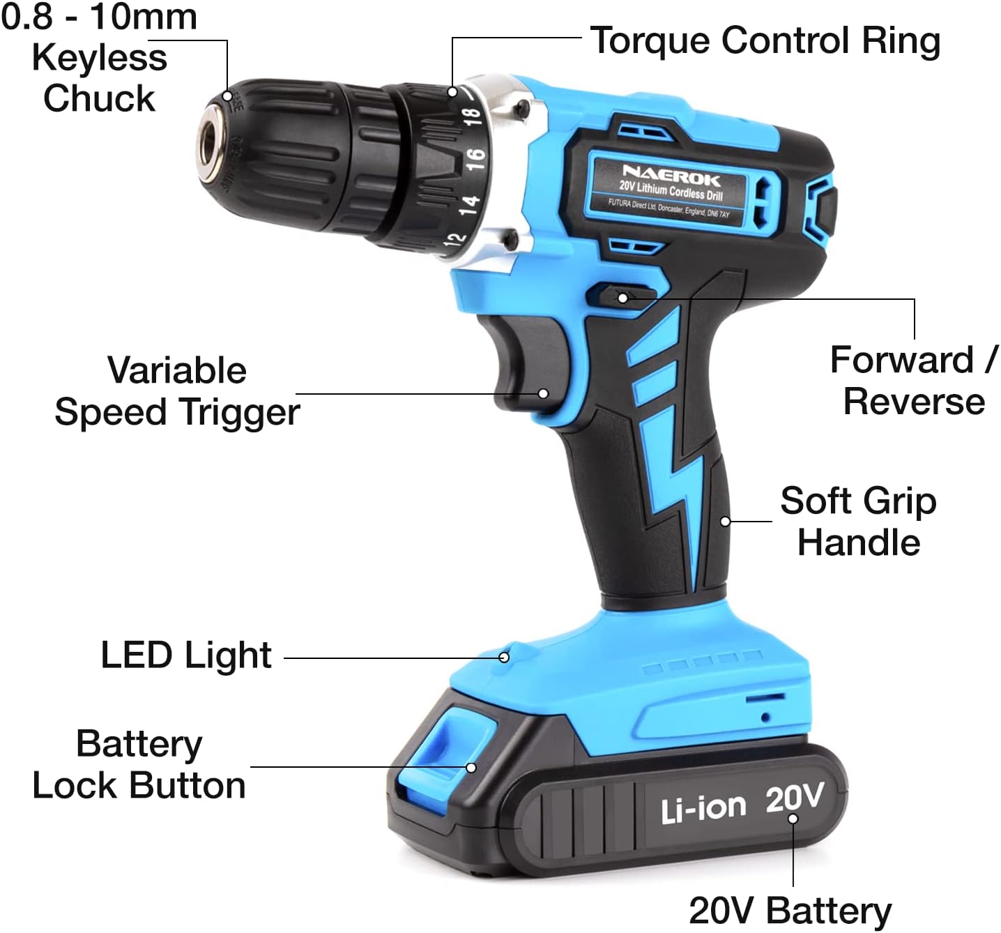 Naerok Cordless Drill 20V Li-Ion Battery 1 Hour Fast Charge, Electric Screwdriver, 13 Pc Accessory Kit, LED Work Light Charger Included