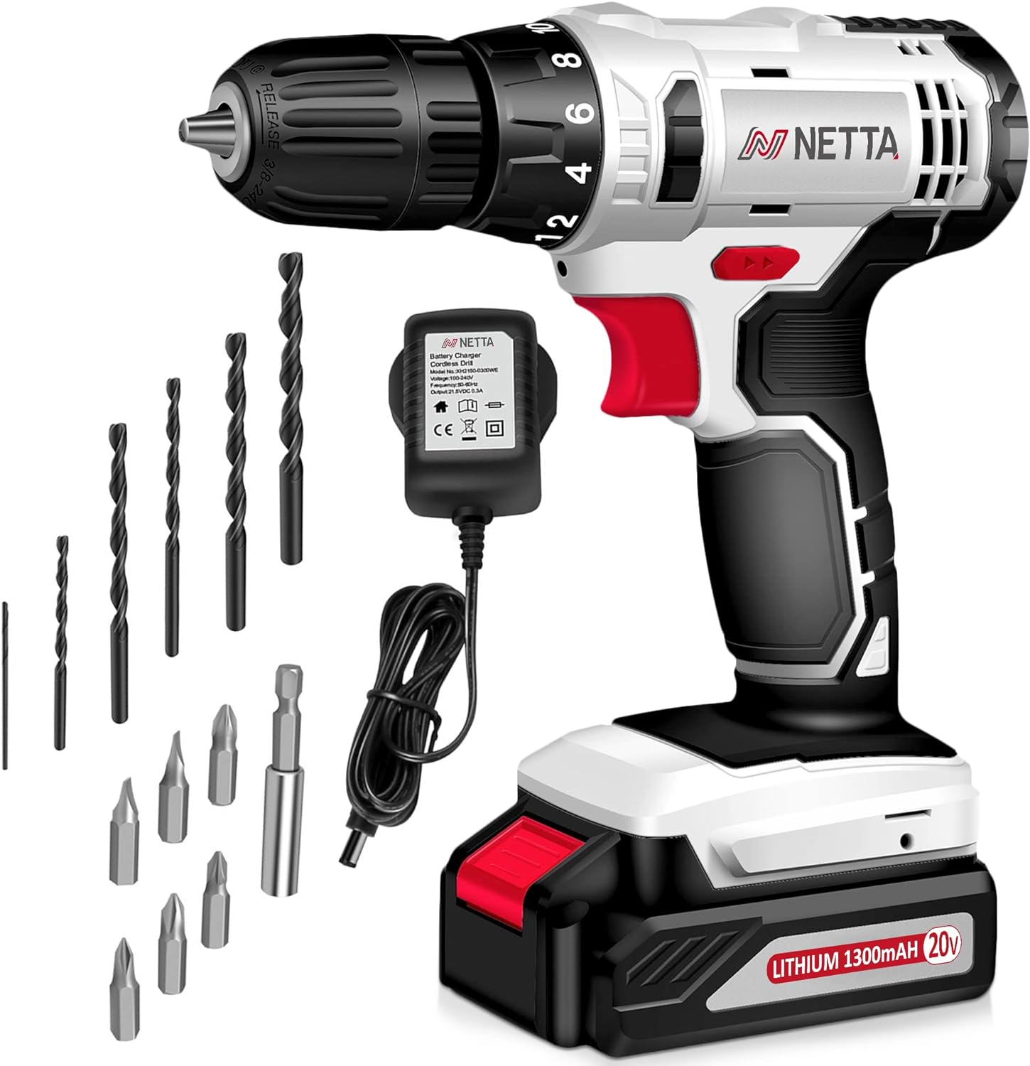 Netta Cordless Drill Driver 13pc, 1300 mAh Li-Ion Battery 20V Lithium-Ion Combi Drill, Electric Screwdriver Accessory Kit, LED Work Light, Suitable for Wood, Plastic and Metal