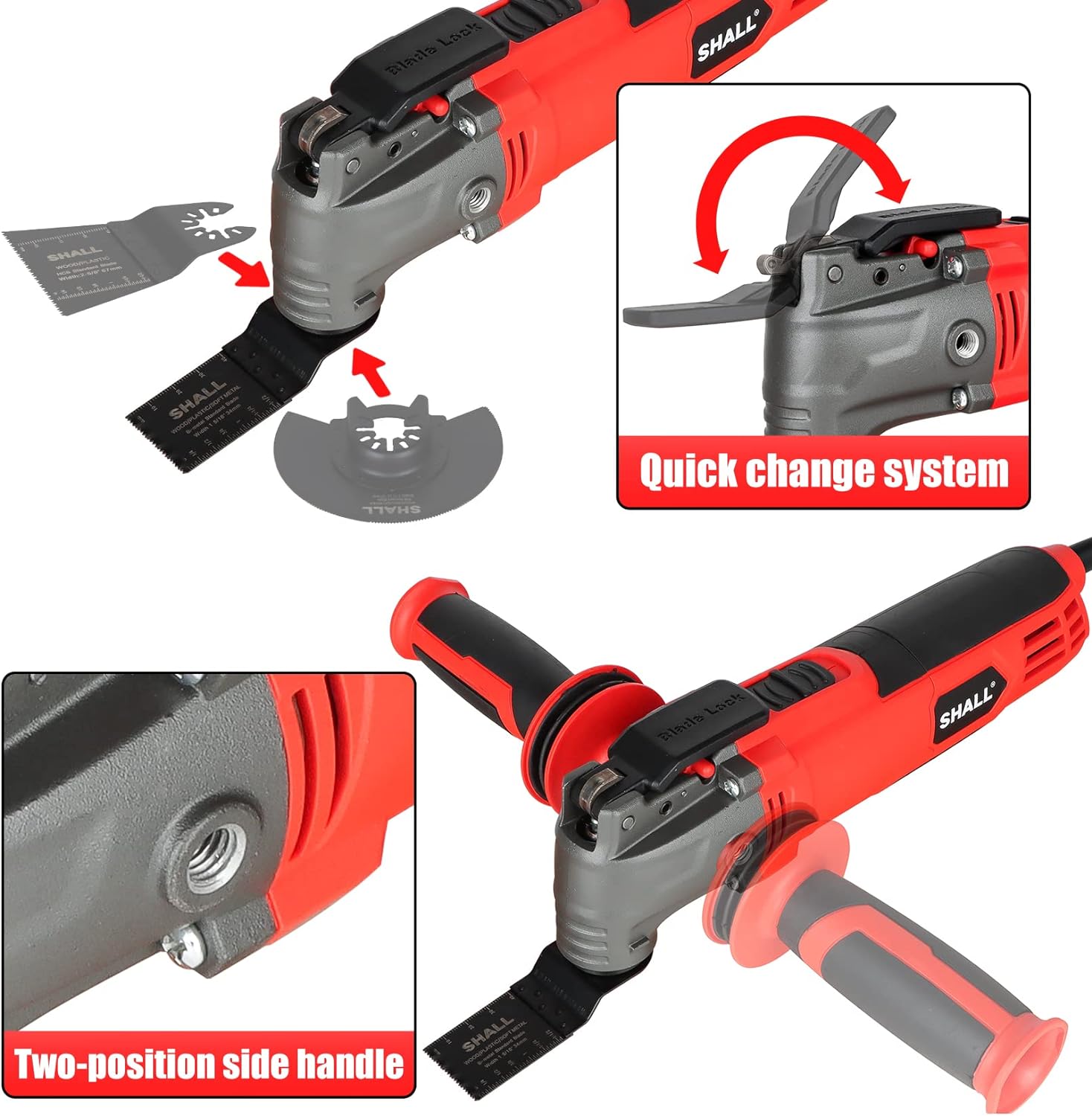 SHALL Oscillating Tool, 500W Oscillating Multitool Kit with 5° Oscillation Angle, Quick Change Kickback Protection, 6 Variable Speeds, Auxiliary Handle, 34Pcs Saw Accessories and Carry Bag Included