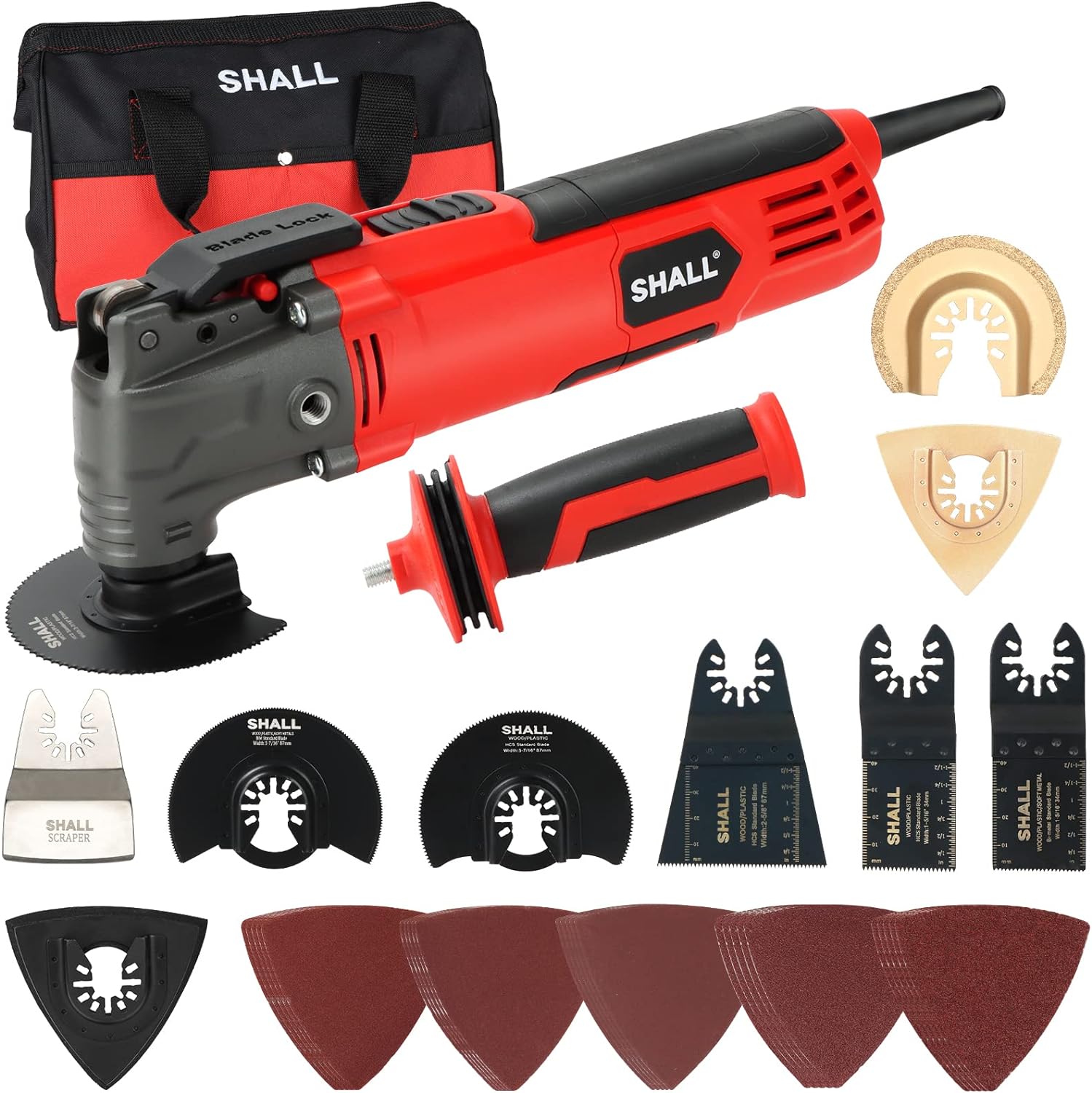 SHALL Oscillating Tool, 500W Oscillating Multitool Kit with 5° Oscillation Angle, Quick Change Kickback Protection, 6 Variable Speeds, Auxiliary Handle, 34Pcs Saw Accessories and Carry Bag Included