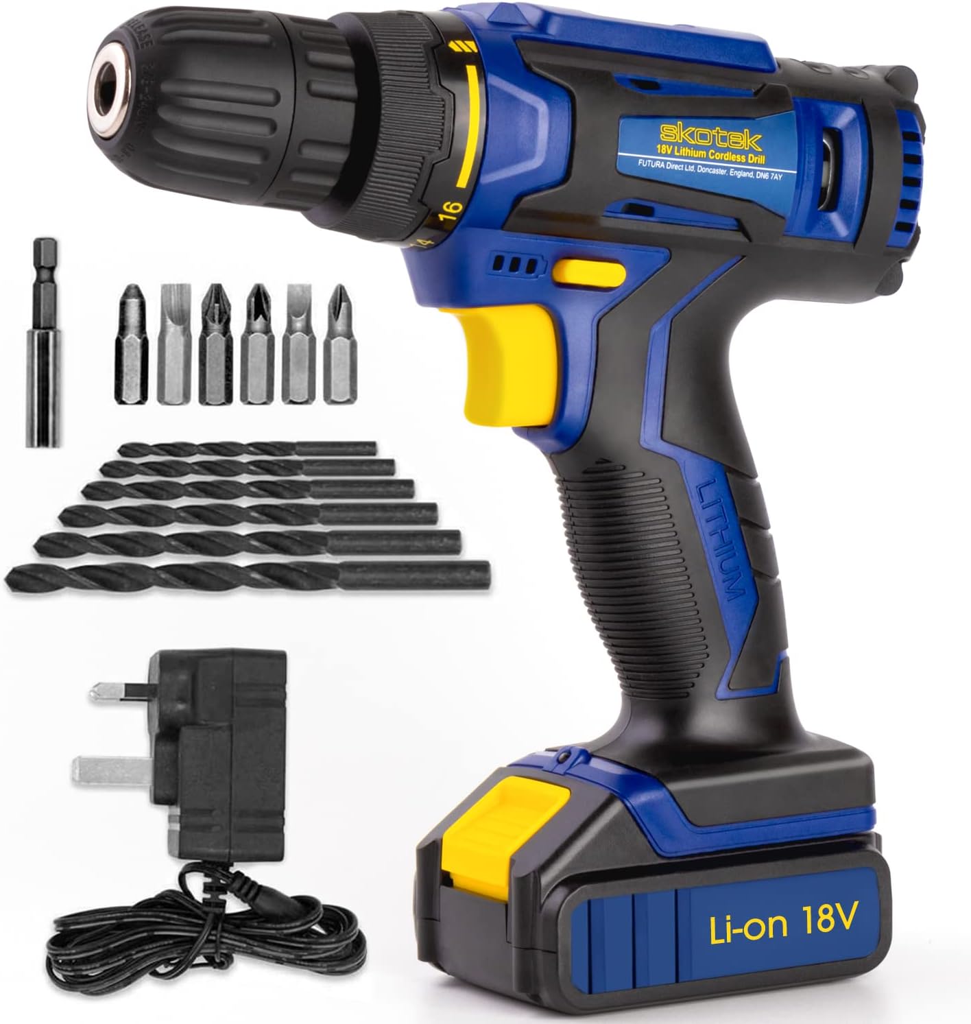 Skotek 13Pc Cordless Drill Driver 18V/20V-Max Lithium-Ion, Electric Screwdriver, Accessory Kit, LED Work Light, Quick Change Battery Charger Included