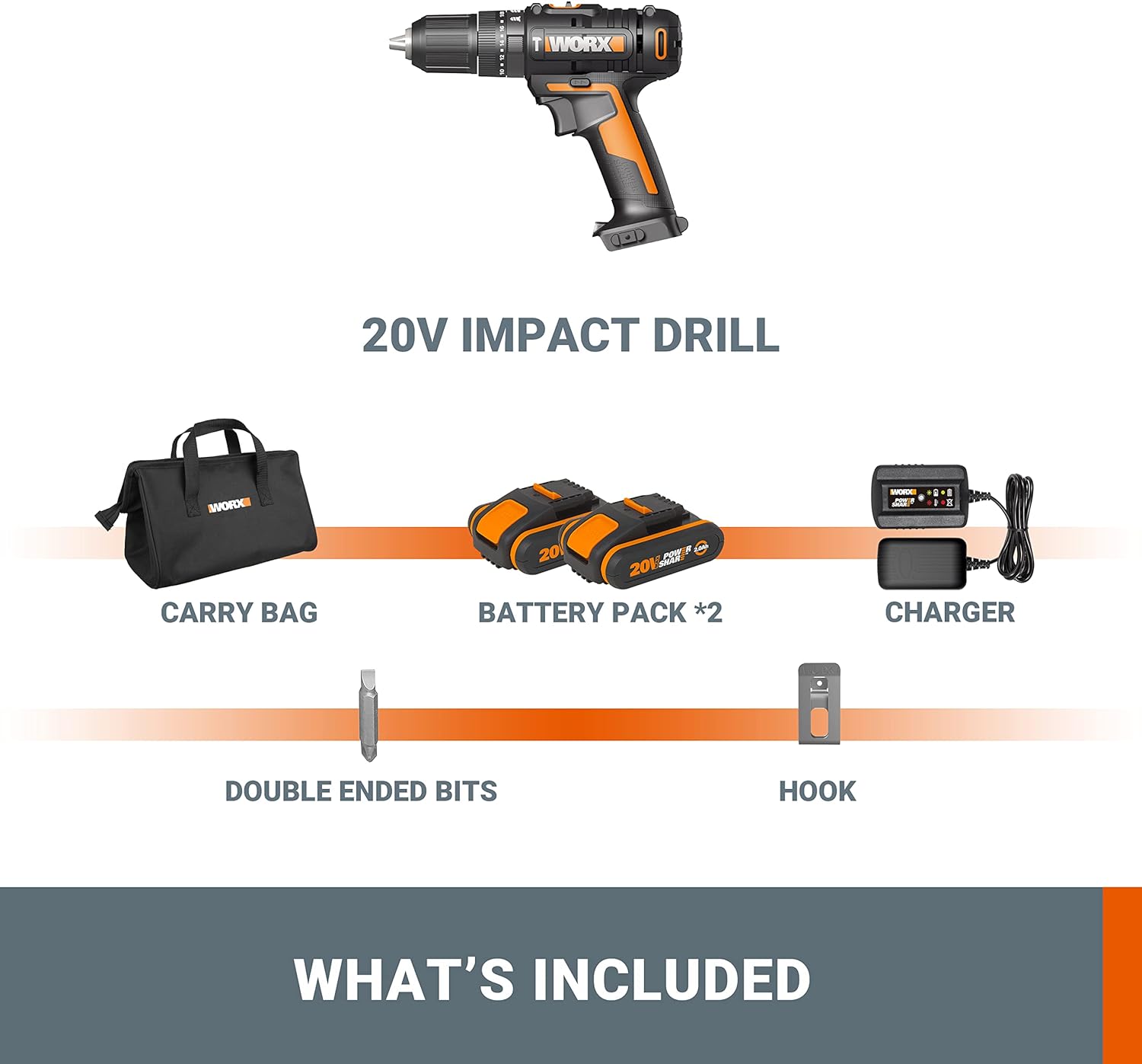 Worx WX370 PowerShare 20V Cordless Combi Hammer Drill Kit with 2 Batteries, Charger and Carry Bag - High Torque Impact Drill Set for Wood, Metal and Masonry