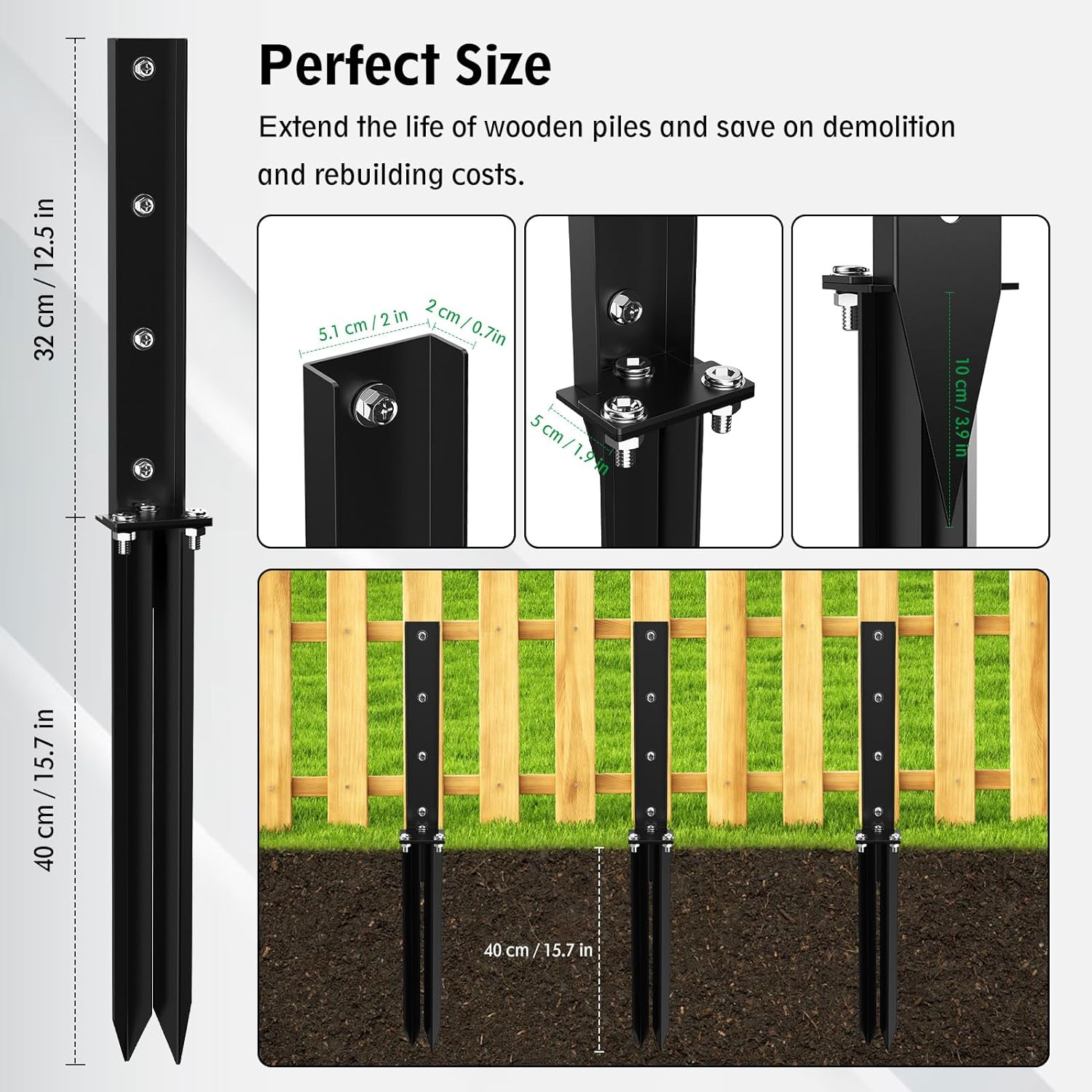 2 Pack Fence Post Repair Kit, Heavy Duty Steel Fence Post Anchor, Anti-Rust Repair Stakes for Wooden Mailbox, Fence Post Anchor Ground Spike for Repairing Tilted Broken Wooden Fence Post, Black