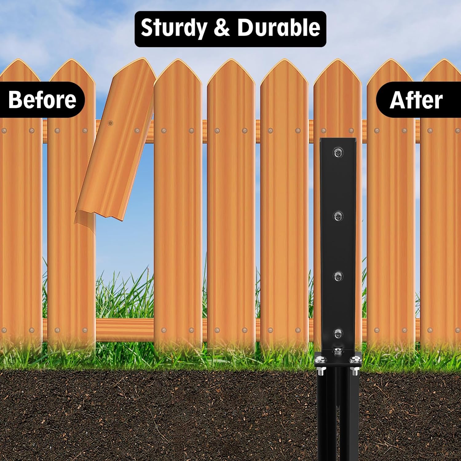 2 Pack Fence Post Repair Kit, Heavy Duty Steel Fence Post Anchor, Anti-Rust Repair Stakes for Wooden Mailbox, Fence Post Anchor Ground Spike for Repairing Tilted Broken Wooden Fence Post, Black