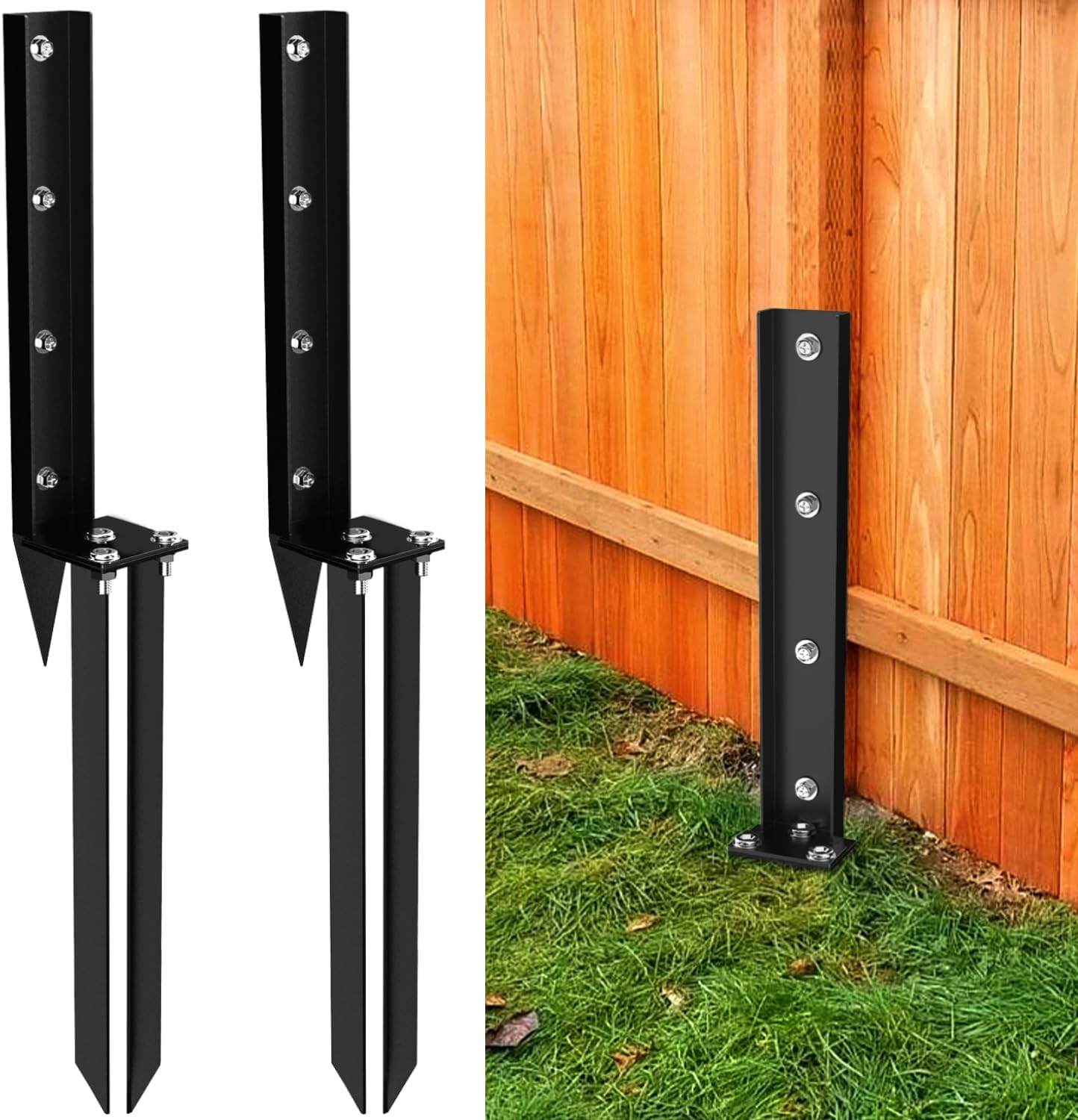 2 Pack Fence Post Repair Kit, Heavy Duty Steel Fence Post Anchor, Anti-Rust Repair Stakes for Wooden Mailbox, Fence Post Anchor Ground Spike for Repairing Tilted Broken Wooden Fence Post, Black