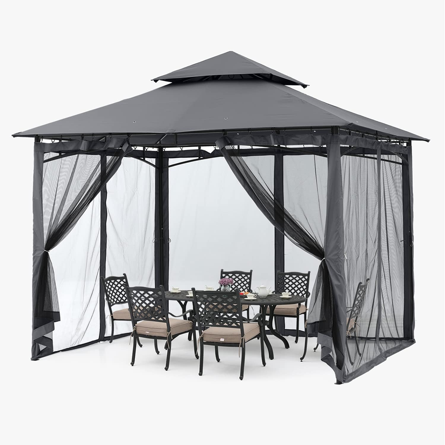 ABCCANOPY 2.5x2.5M Gazebos With Netting for Patios Double Roof Soft Canopy Garden Backyard Gazebo for Shade and Rain (Gray)