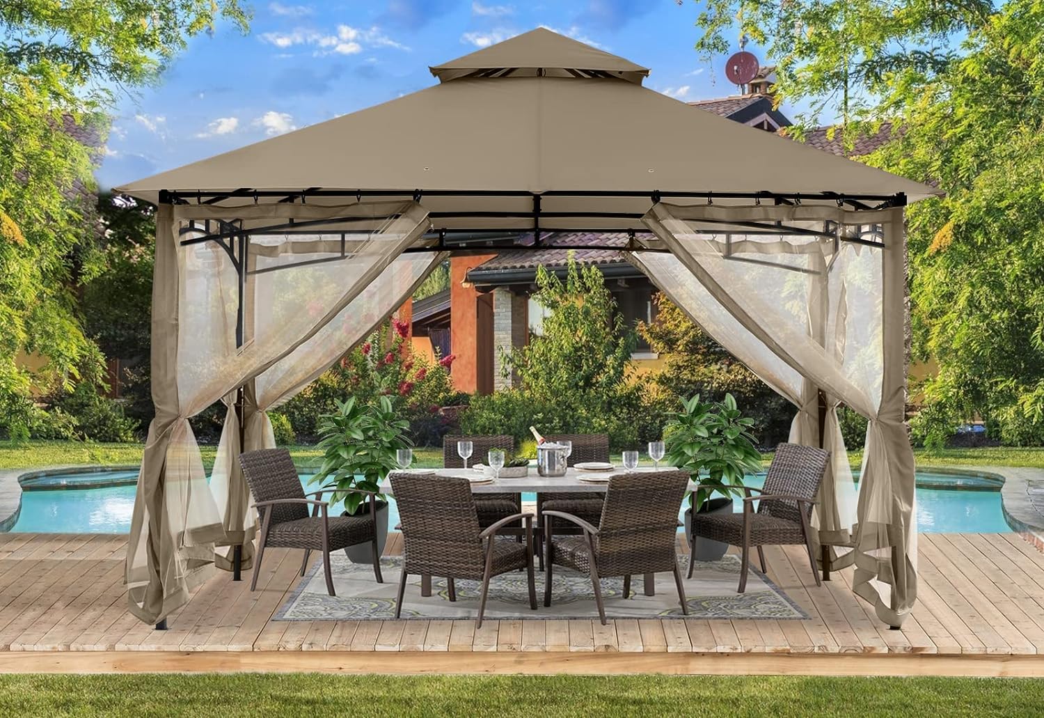 ABCCANOPY 2.5x2.5M Gazebos With Netting for Patios Double Roof Soft Canopy Garden Backyard Gazebo for Shade and Rain (Gray)