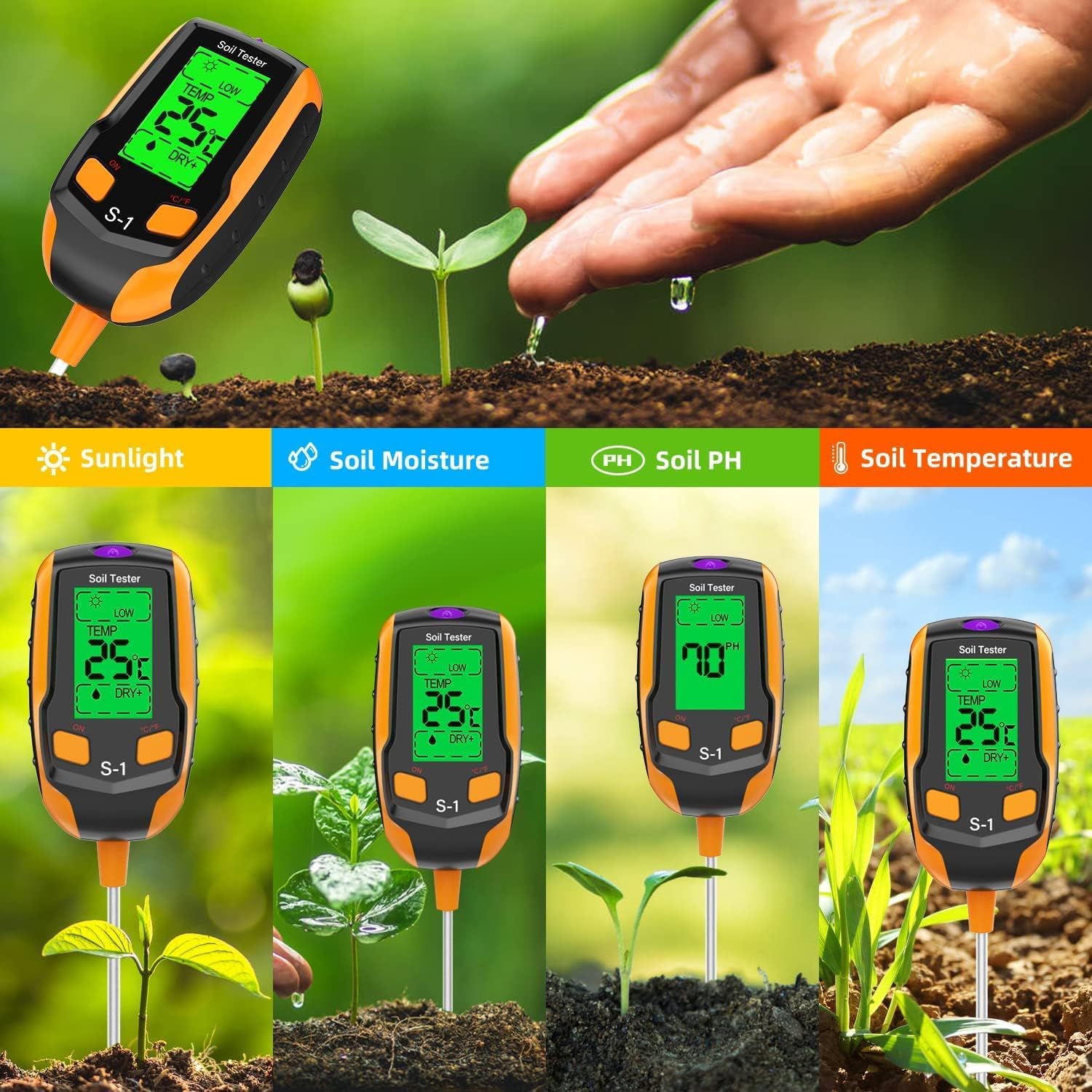 Bcamelys Soil pH Meter,4-IN-1Soil Moisture Meter for Houseplants,Soil Test Kit with 20 Labels,Plant Water Tester for Soil pH,Moister,Light, Temperature,for Garden,Potted Plants