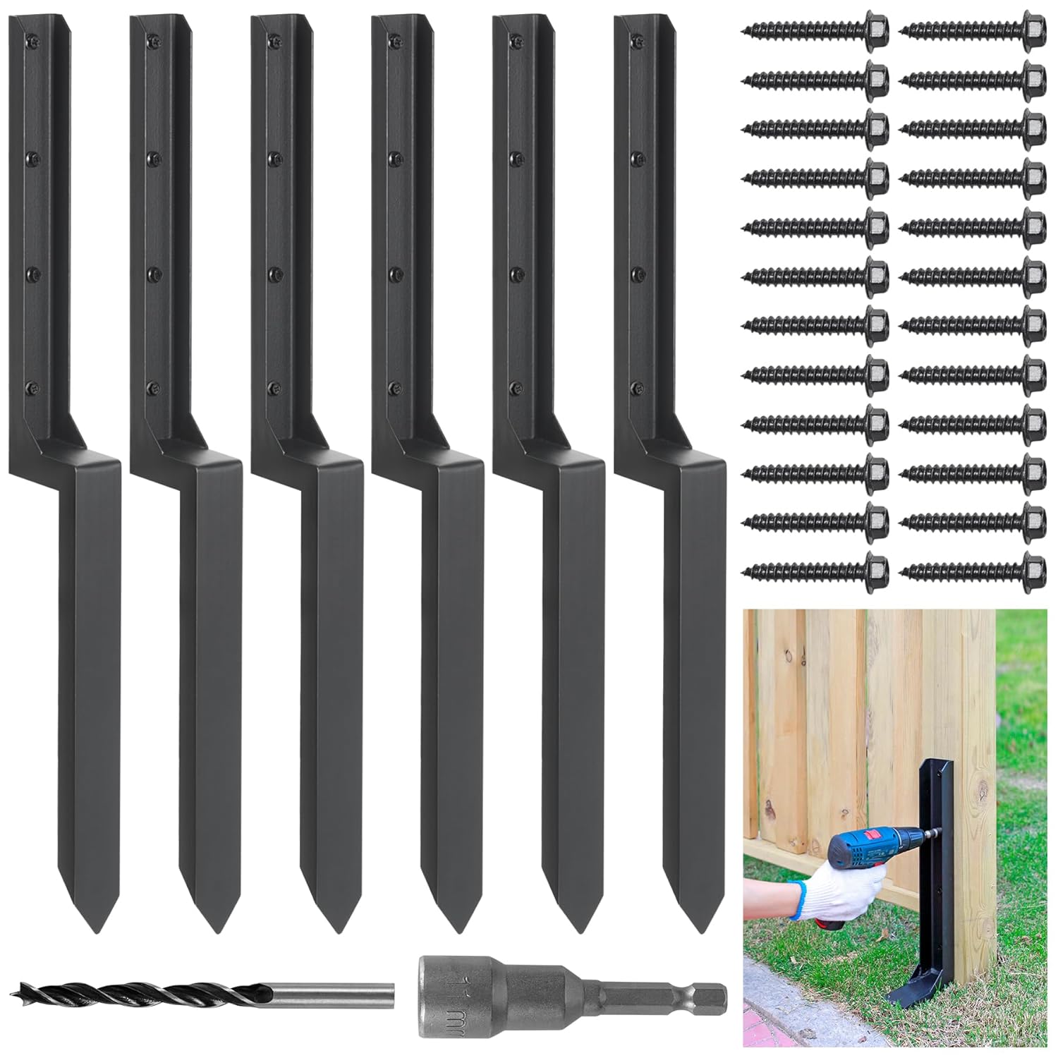 Epcee Heavy Duty Steel Fence Post Repair Stakes, Fence Post Anchor Ground Spike, for Repair Tilted/Broken Wood Fence Post (4 Pack/Black）