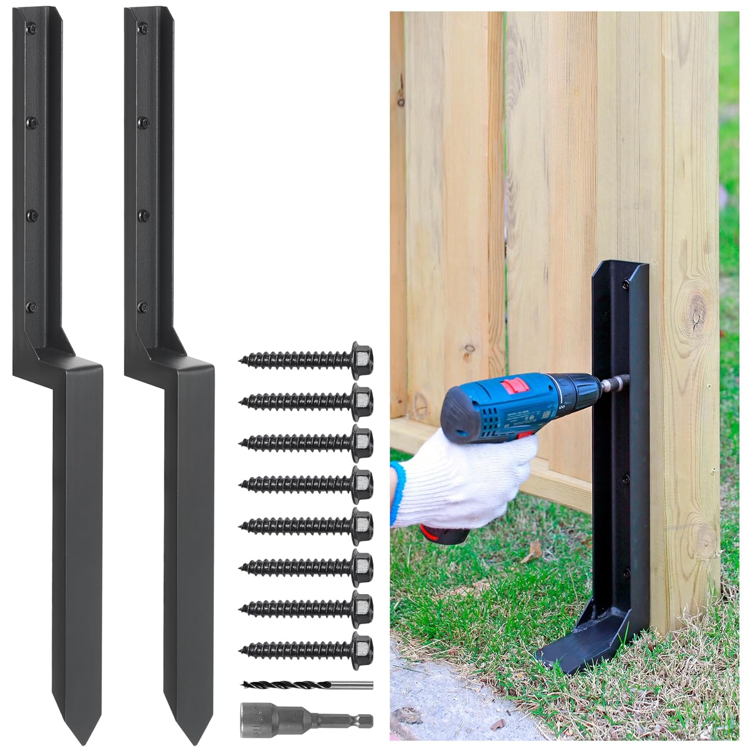 Epcee Heavy Duty Steel Fence Post Repair Stakes, Fence Post Anchor Ground Spike, for Repair Tilted/Broken Wood Fence Post (4 Pack/Black）