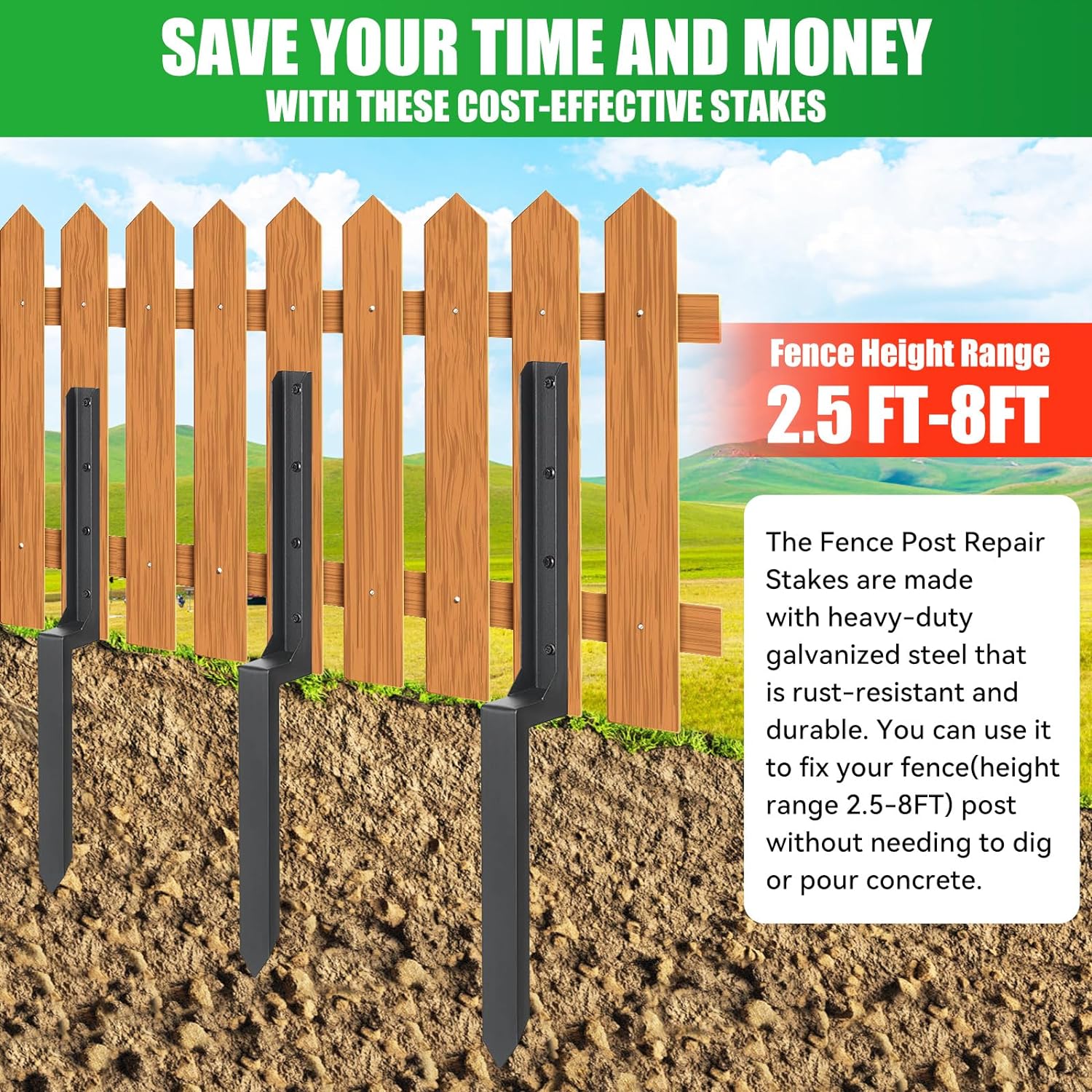 Fence Post Repair Stakes,Heavy Duty Steel Fence Post Repair Kit Fence Post Anchor Ground Spike for Repair Tilted/Broken Wood Fence Post (1Pcs)