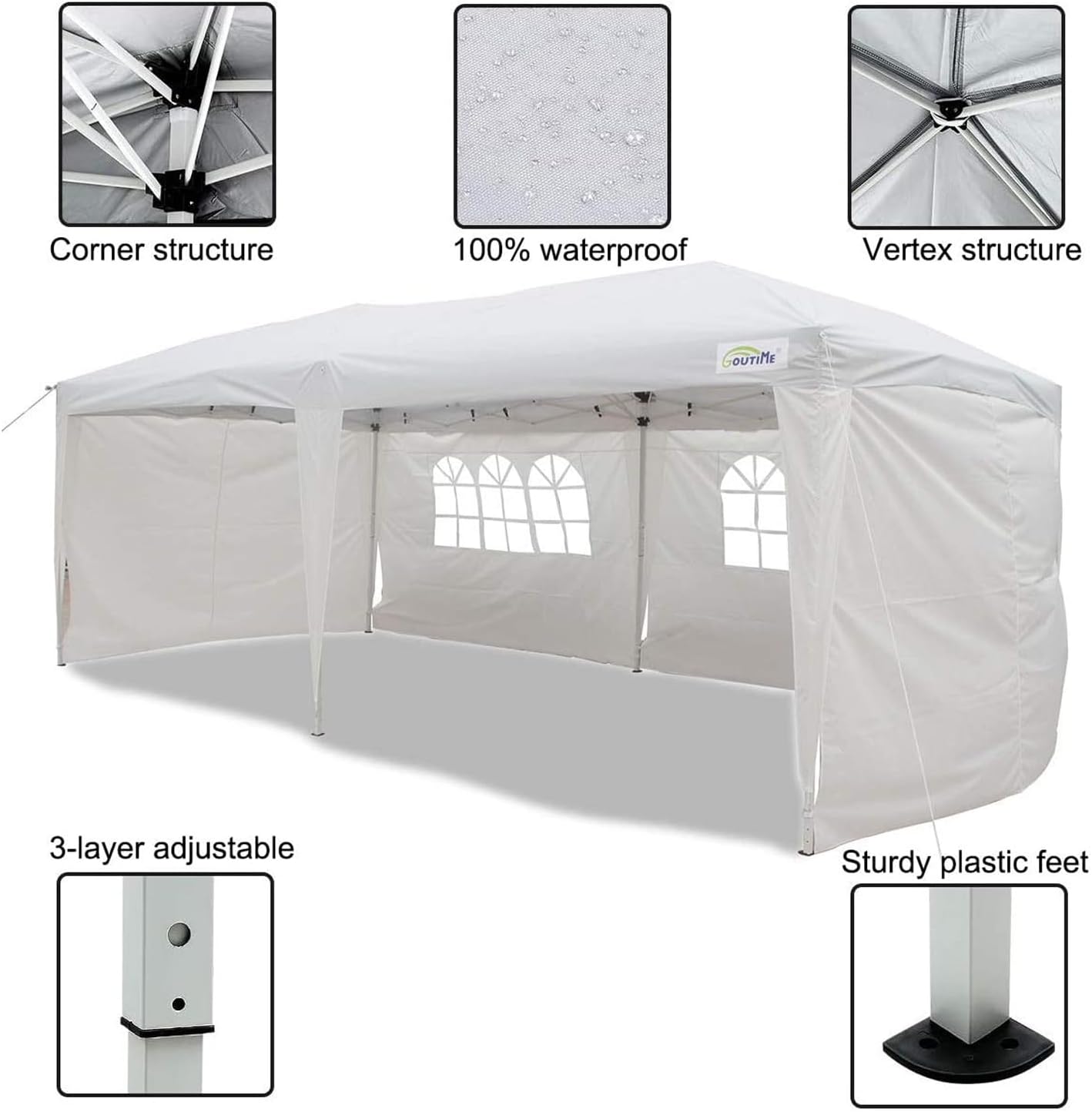 Goutime Easy Pop up Canopy gazebo Marquee Tent,3x6m, W/4 Removable Sidewalls W/wheel Bag,Garden Gazebo Height Adjustable, Party Tent Wedding Water Resistant AwningAll Weather Gazebo Camping(White)