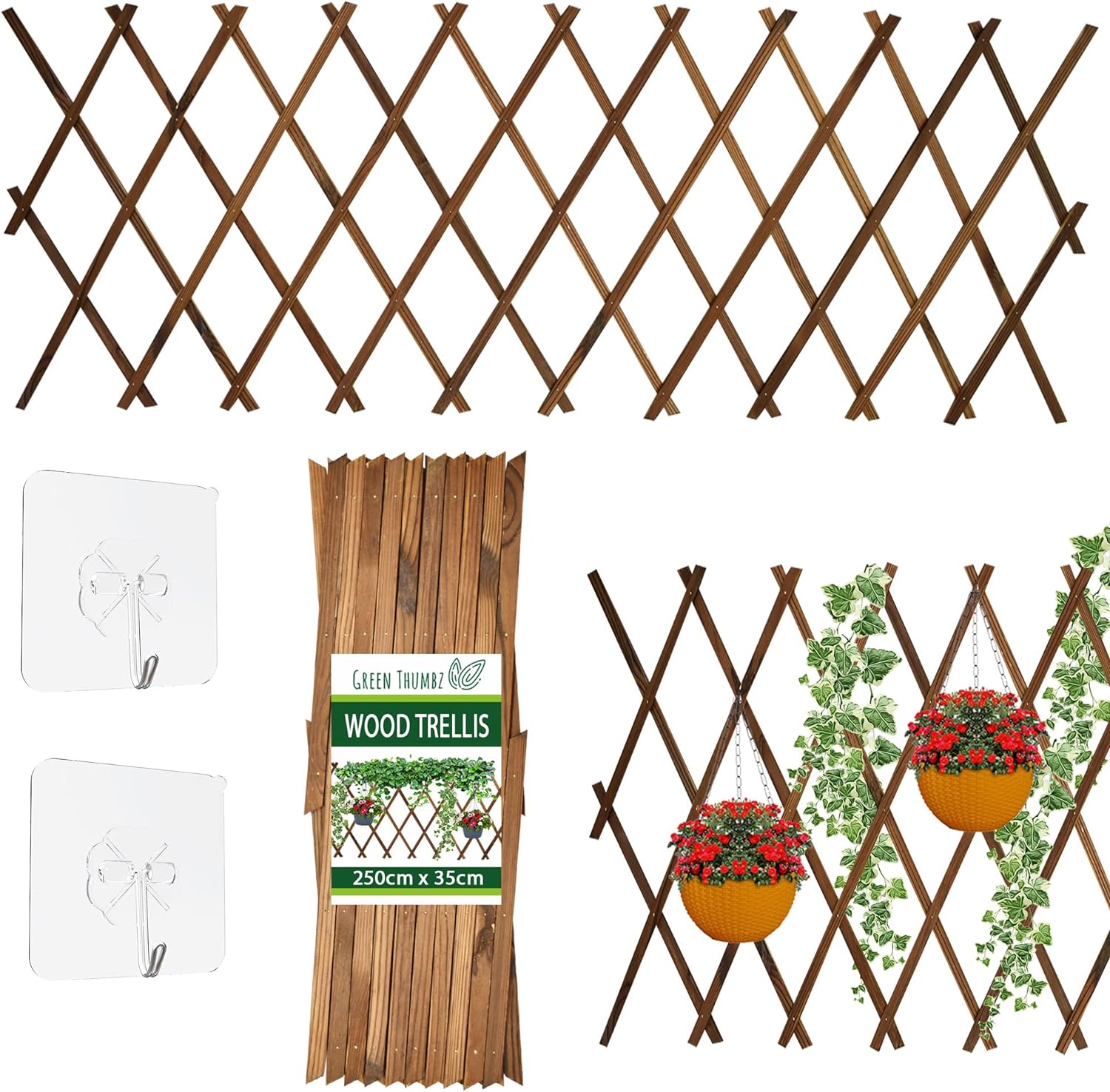 Green Thumbz Garden Trellis - 180cm x 25cm Wooden Expanding Trellis with Hooks - Riveted Garden Trellis for Climbing Plants, Transform Your Garden with Our Expandable Trellis Panels