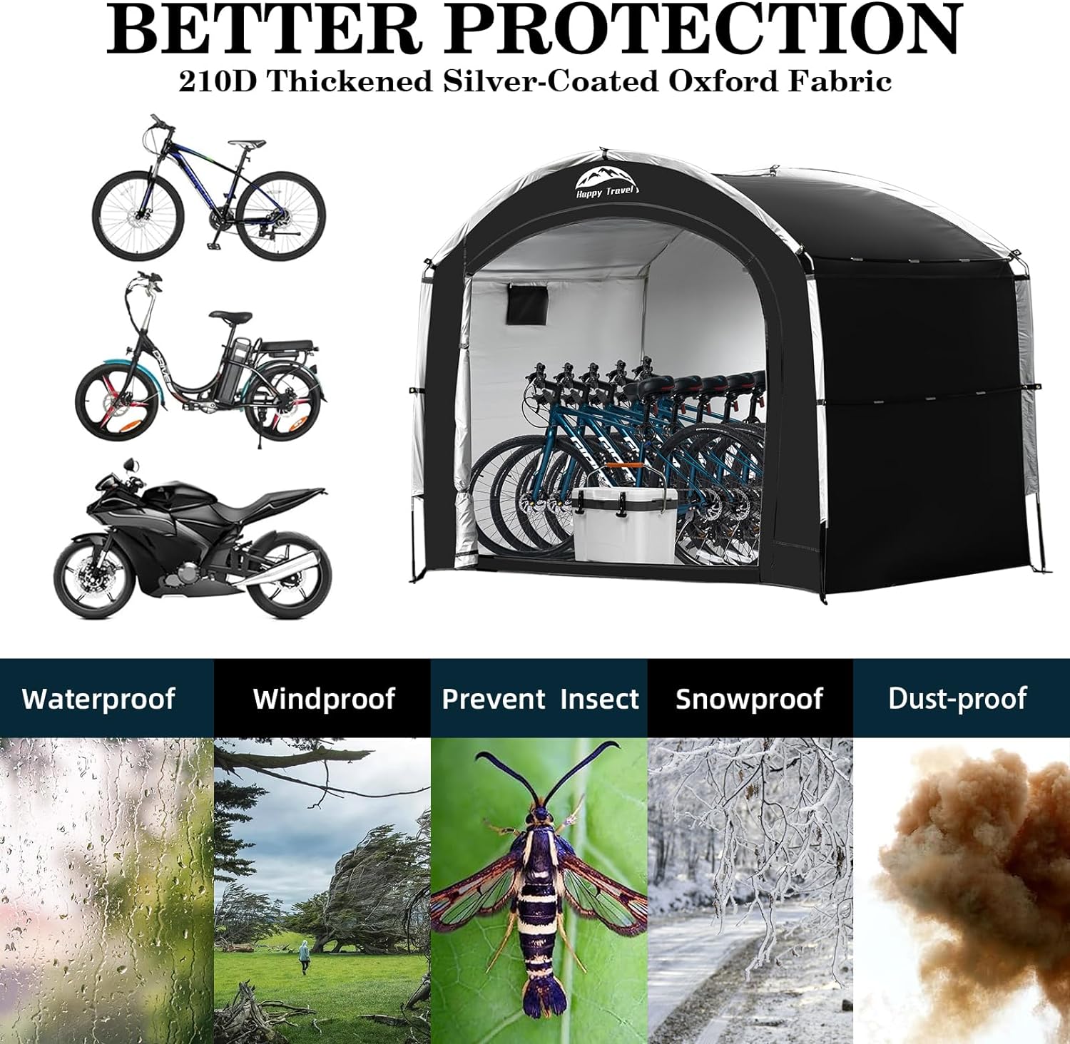 Happy Travel Bike Storage Shed Tent,Outdoor Portable Bicycle Storage Sheds with 210D Oxford Fabric PU4000 Waterproof for 2/3/4/5 Bikes,Bike Covers Shelter for Motorcycle,Garden Tools,Toys,Lawn Mover