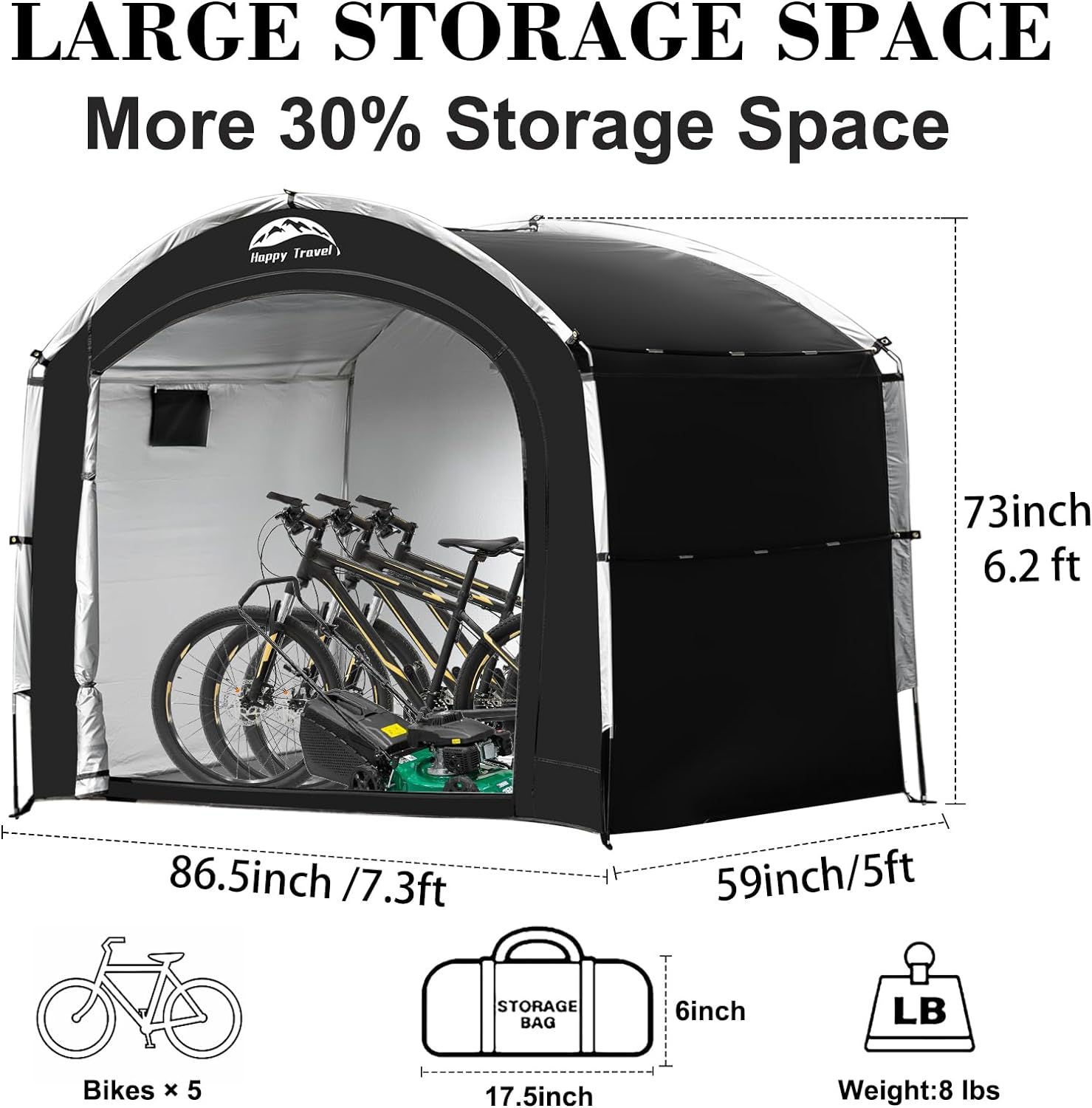 Happy Travel Bike Storage Tent Shed,7.3x5x6.2ft Outdoor Waterproof Bicycle Covers Shelter More 30% Space for 4/5 Bikes,Oversized Outside Portable Sheds for Lawn Mower,Garden Tools