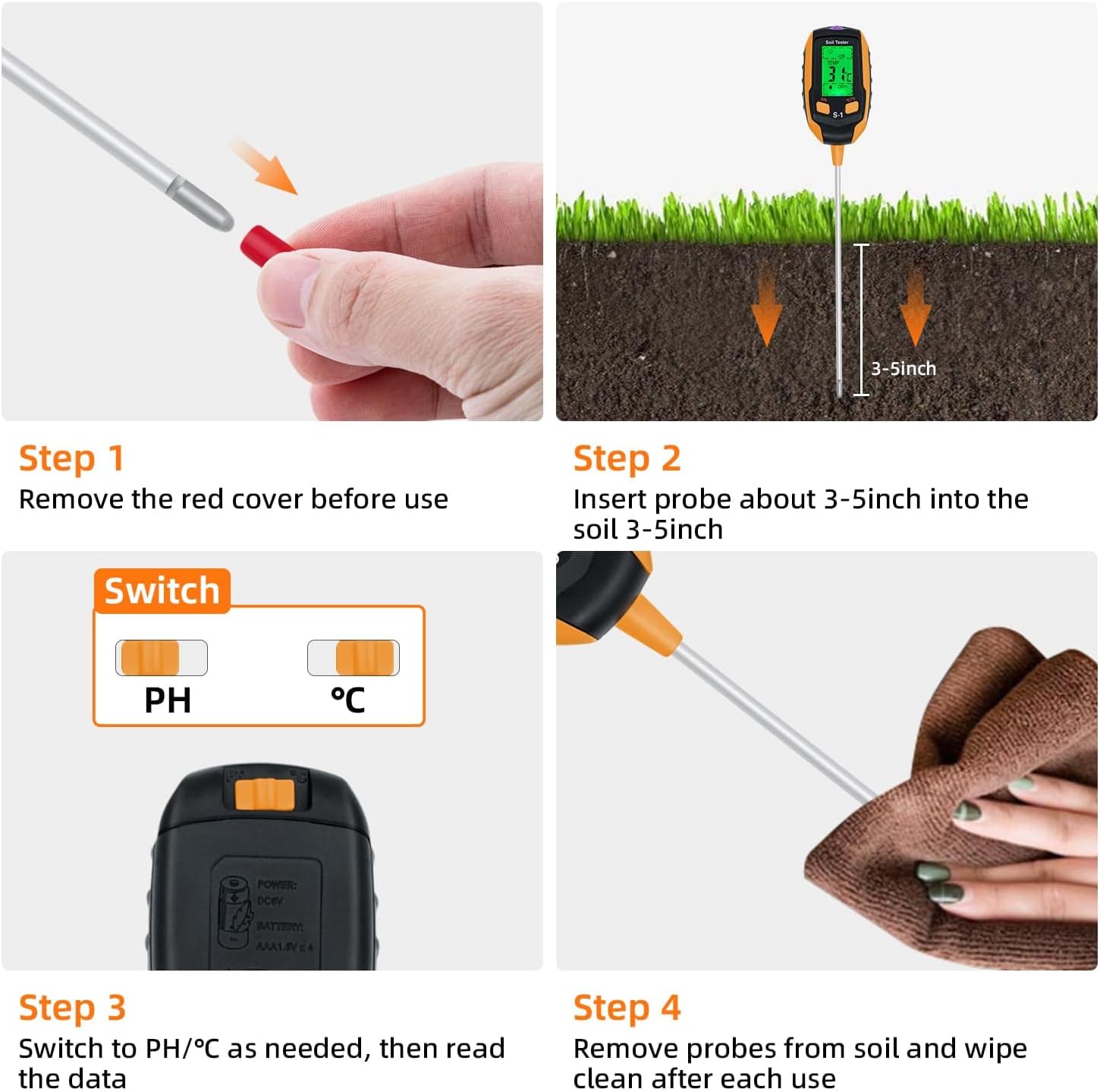 Mcbazel Soil Meter, 4-in-1 Digital Plant Soil Moisture Meter with PH/Temperature/Moisture/Light for Gardening, Lawn, Farming and Outdoor Plants