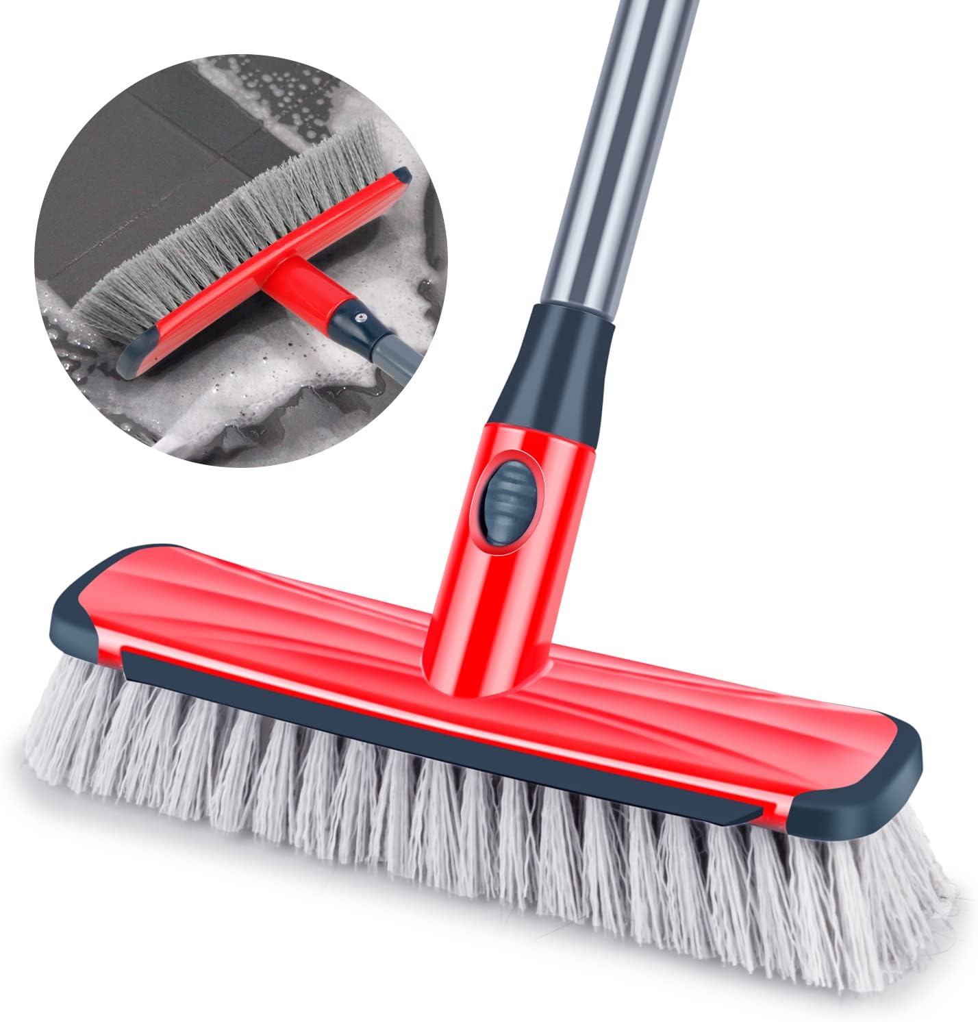 Push Broom Floor Brush Scrubbing Brush Deck Brush Yard Brush Long Handle Adjustable, 2 in 1 Scrape and Brush Stiff Bristle Cleaning Brush for Bathroom Kitchen Tub Patio Tile Grout