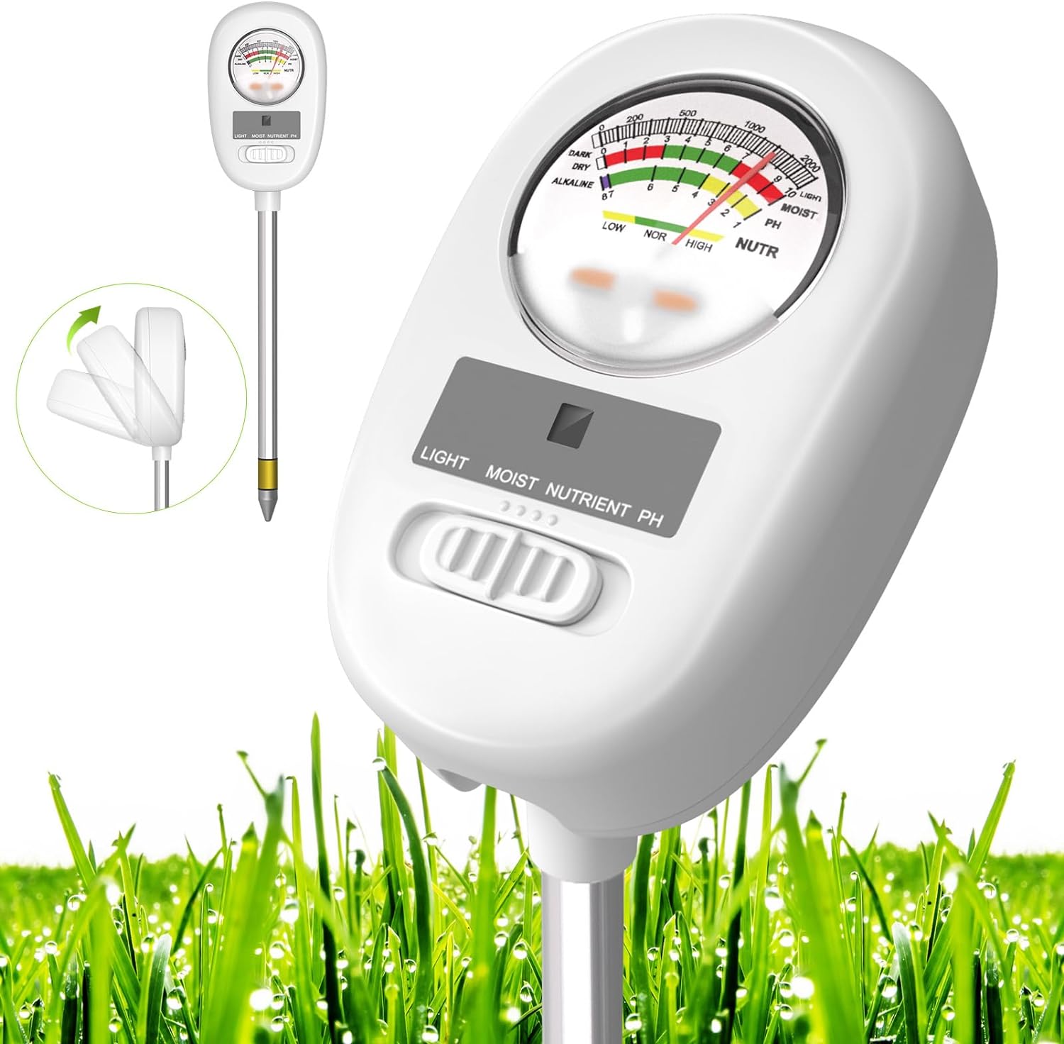 Soil Moisture Meter, Soil pH Meter, 4-in-1 Soil Tester for Moisture/Light/Nutrients/pH, Moisture Meter Great for Garden, Lawn, Farm, Indoor Outdoor Use(No Battery Required)